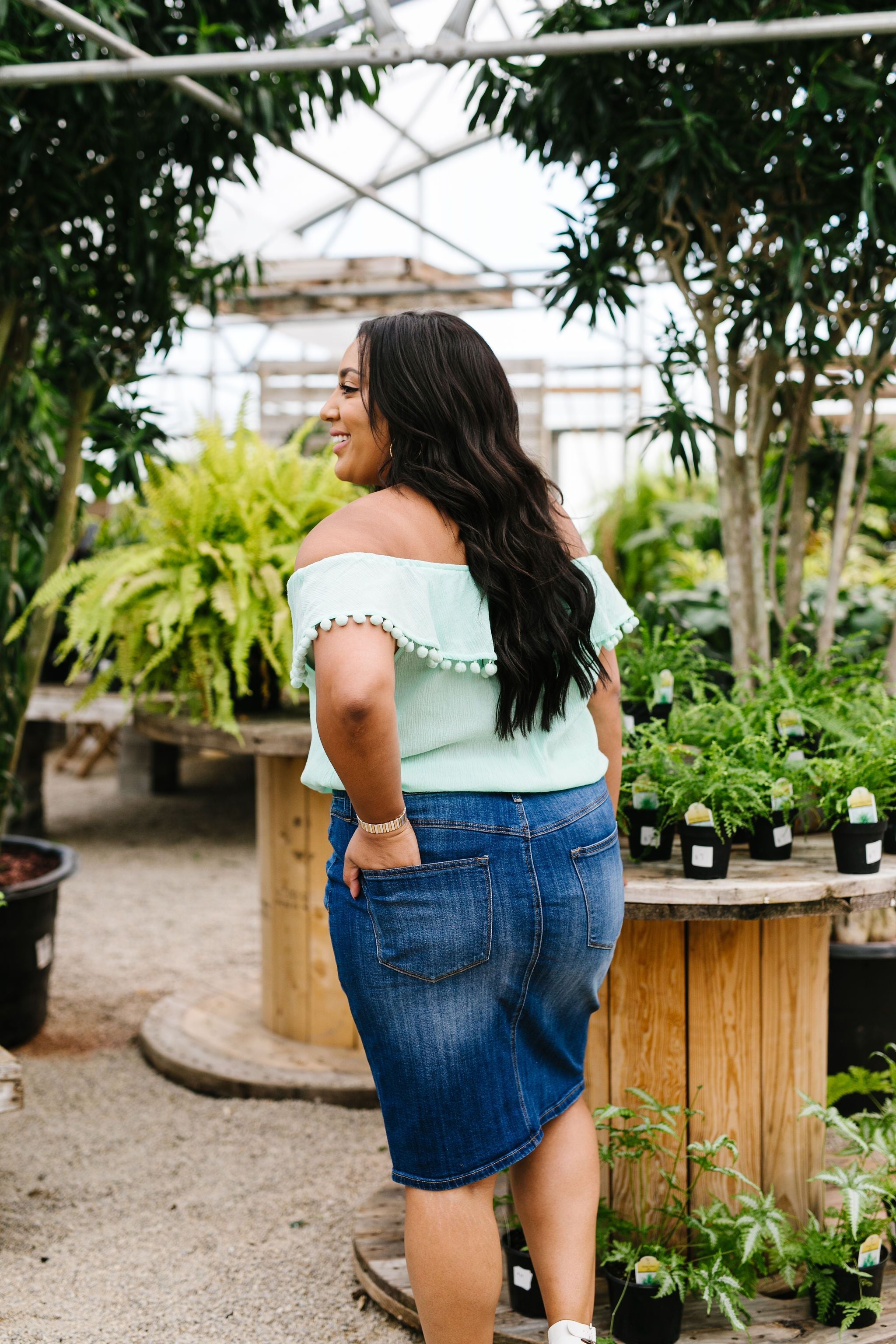Penelope Pom Pom Off Shoulder Top In Mint