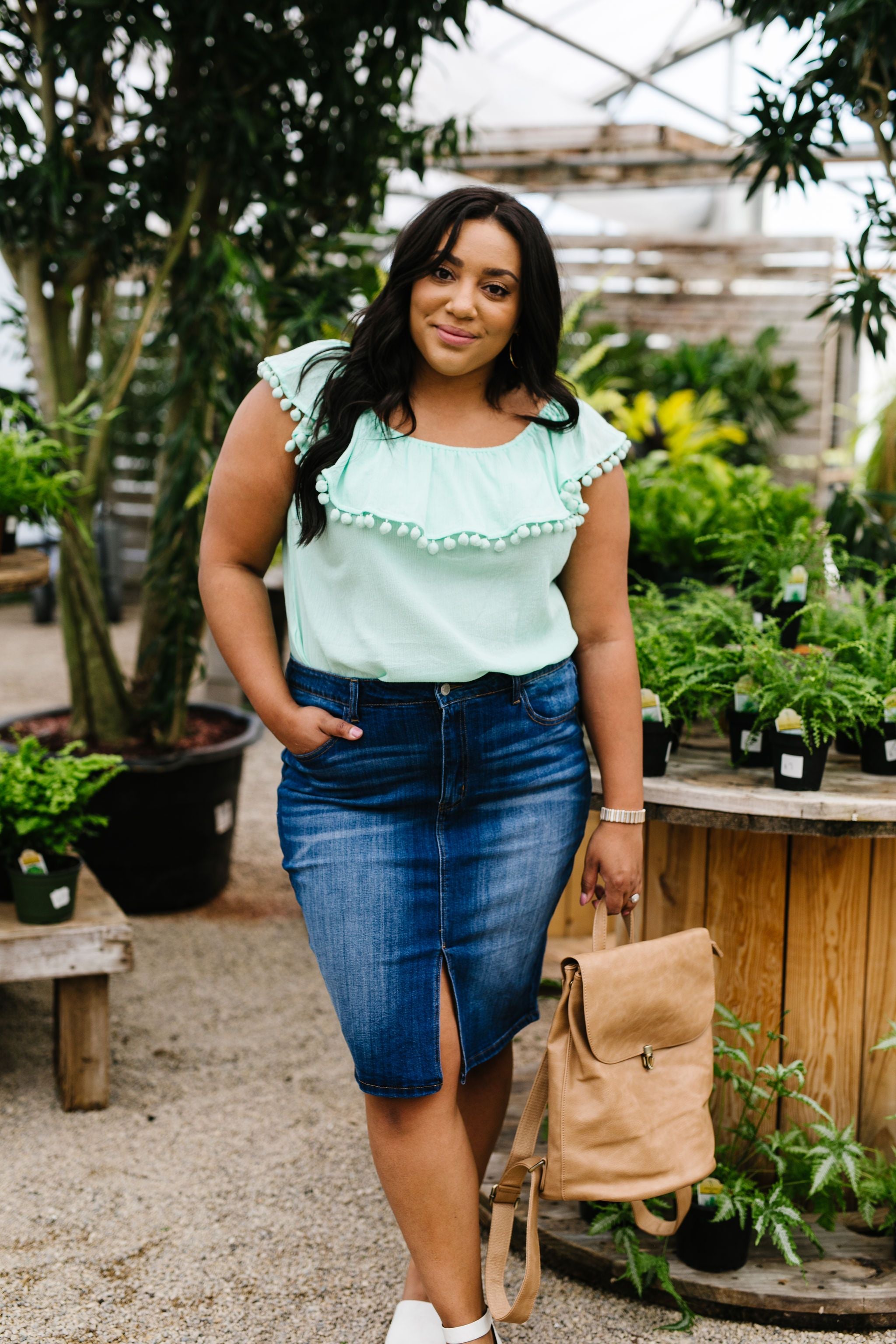 Penelope Pom Pom Off Shoulder Top In Mint