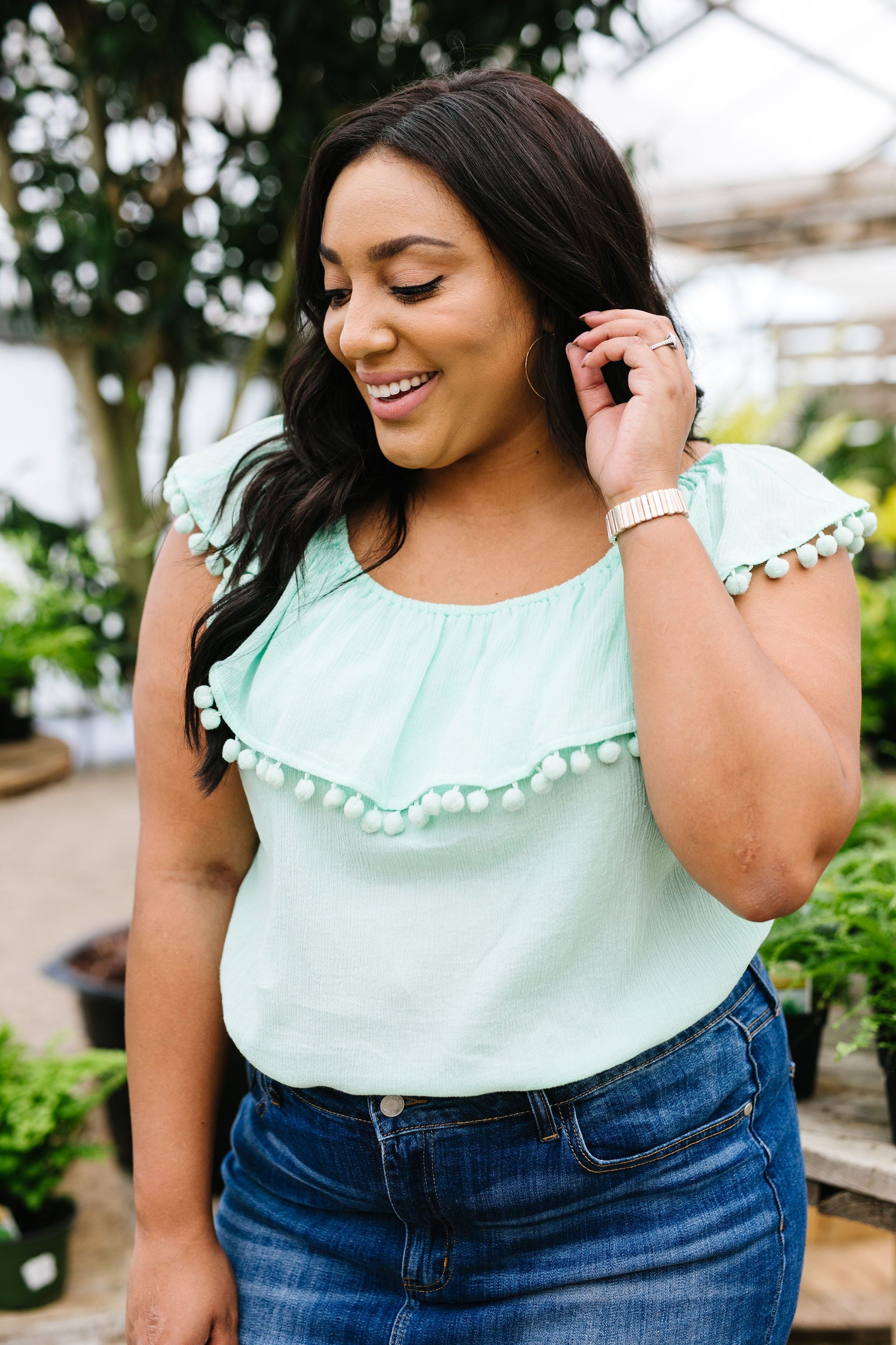 Penelope Pom Pom Off Shoulder Top In Mint