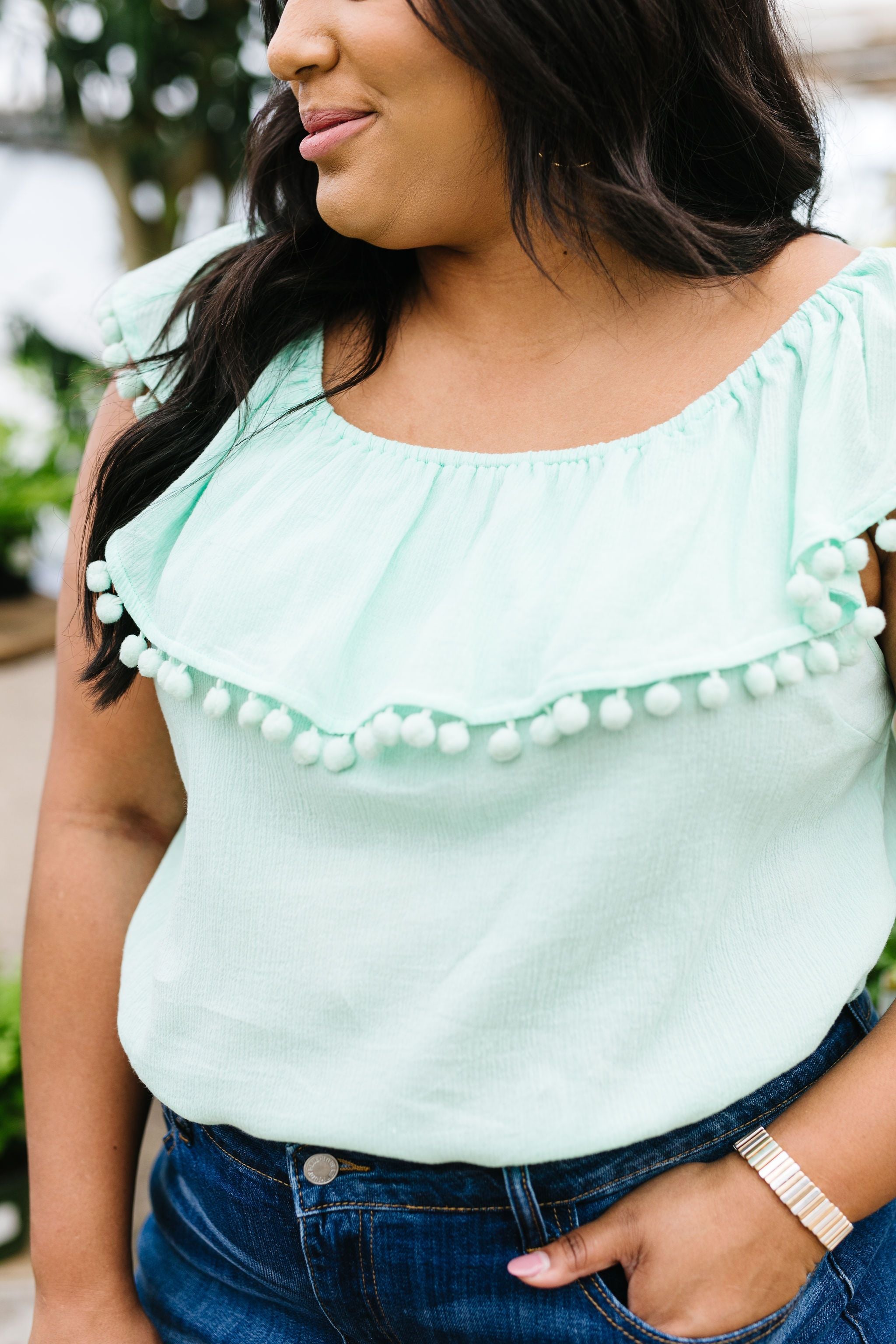 Penelope Pom Pom Off Shoulder Top In Mint