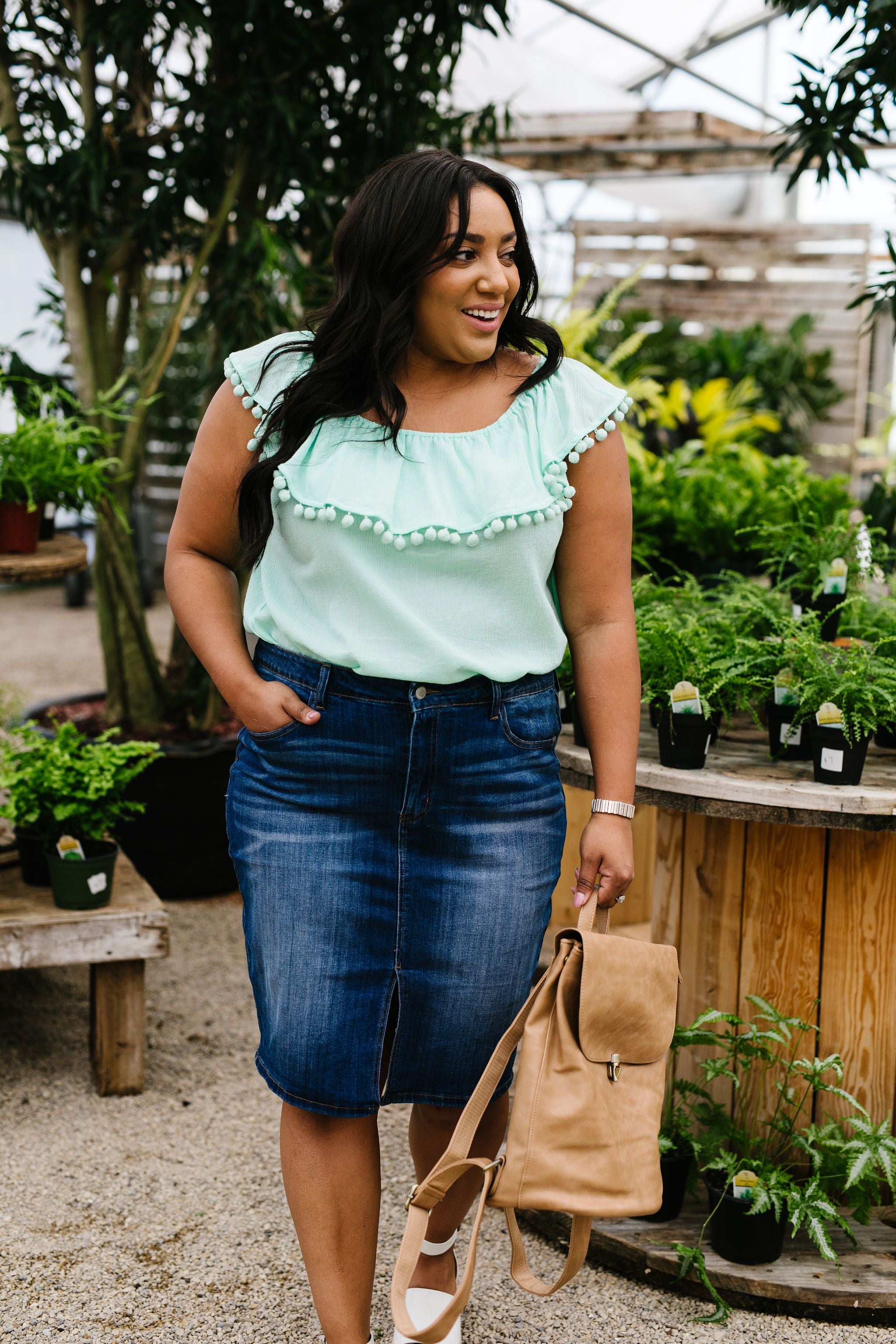 Penelope Pom Pom Off Shoulder Top In Mint