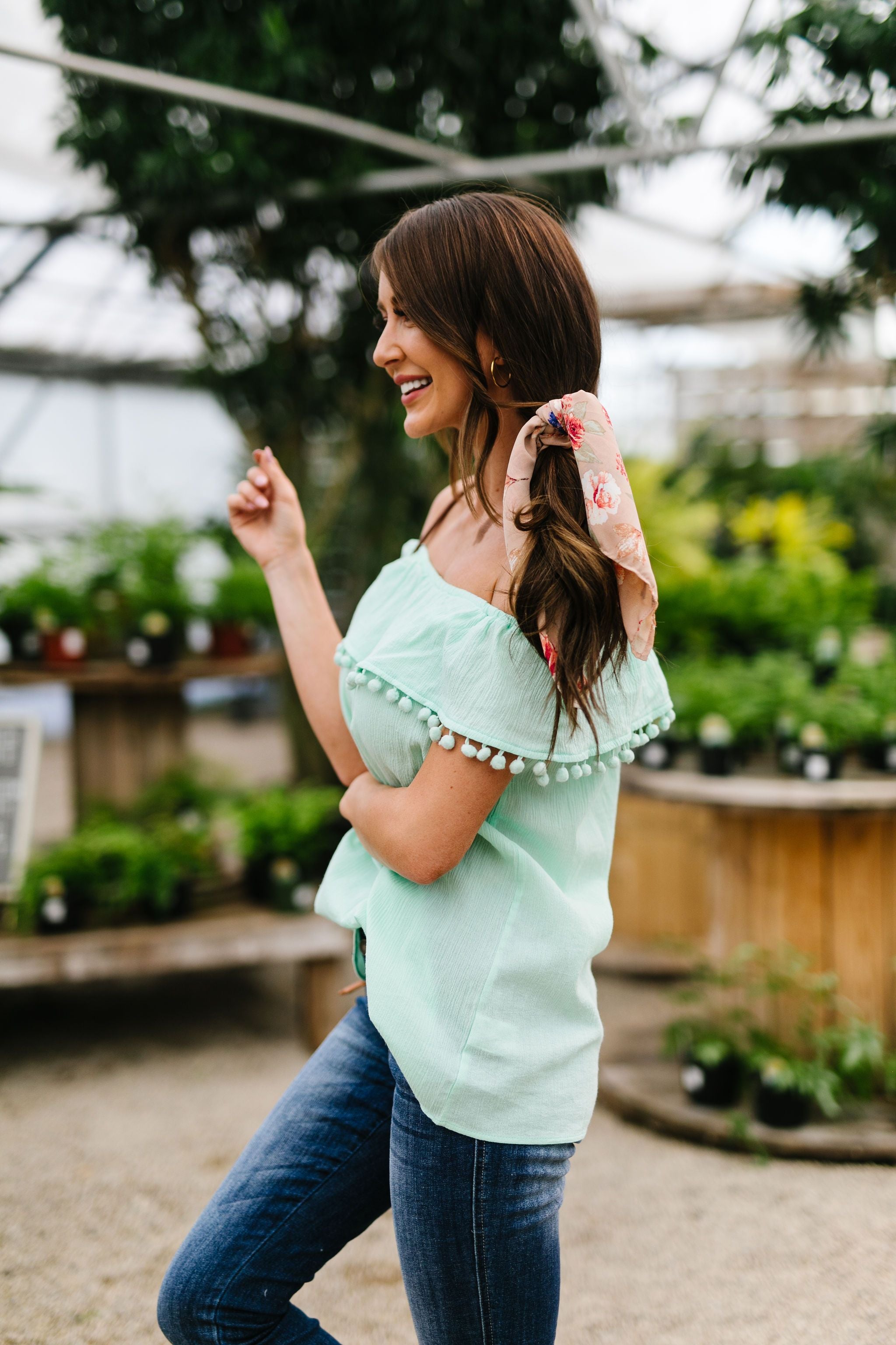Penelope Pom Pom Off Shoulder Top In Mint
