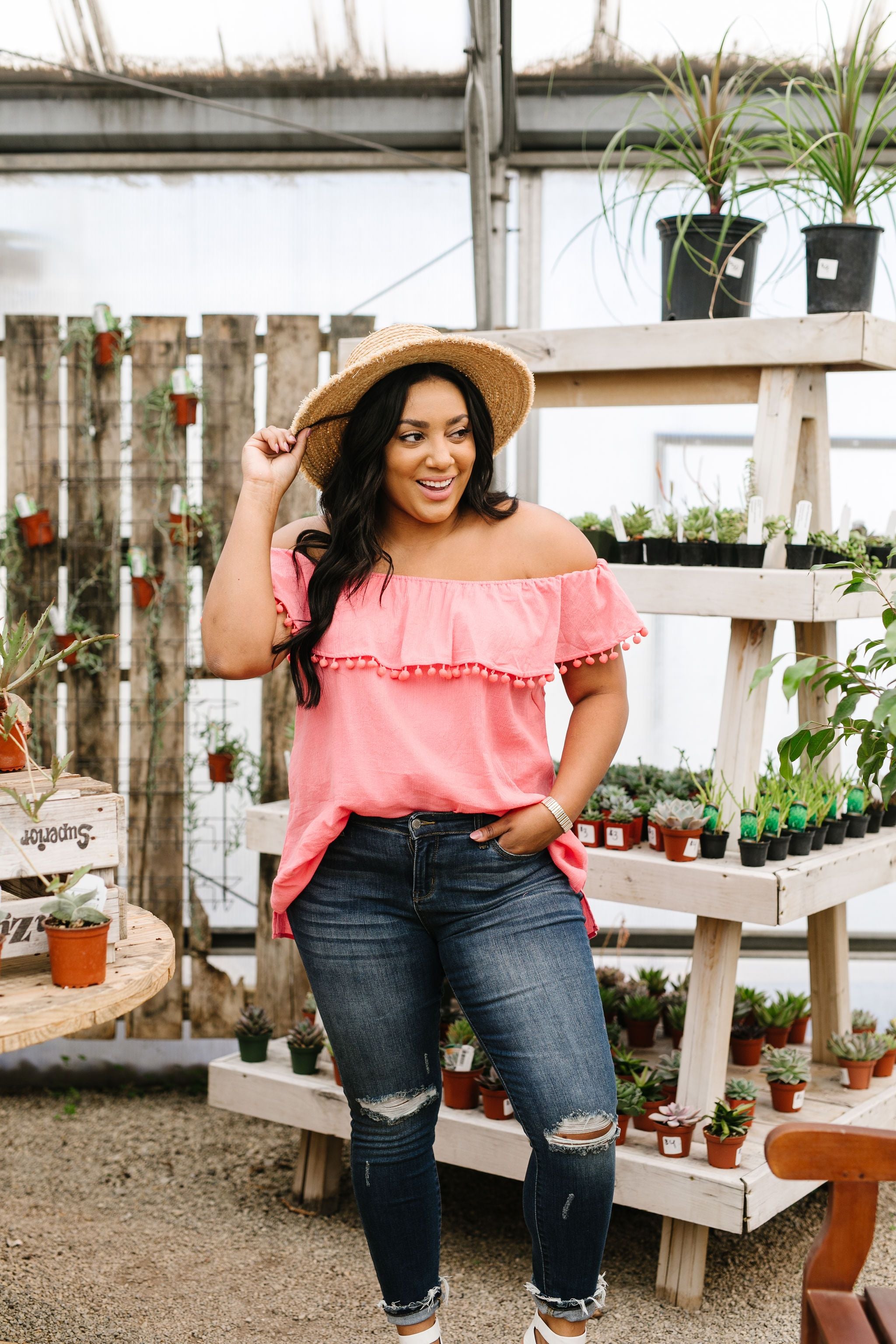 Penelope Pom Pom Off Shoulder Top In Watermelon