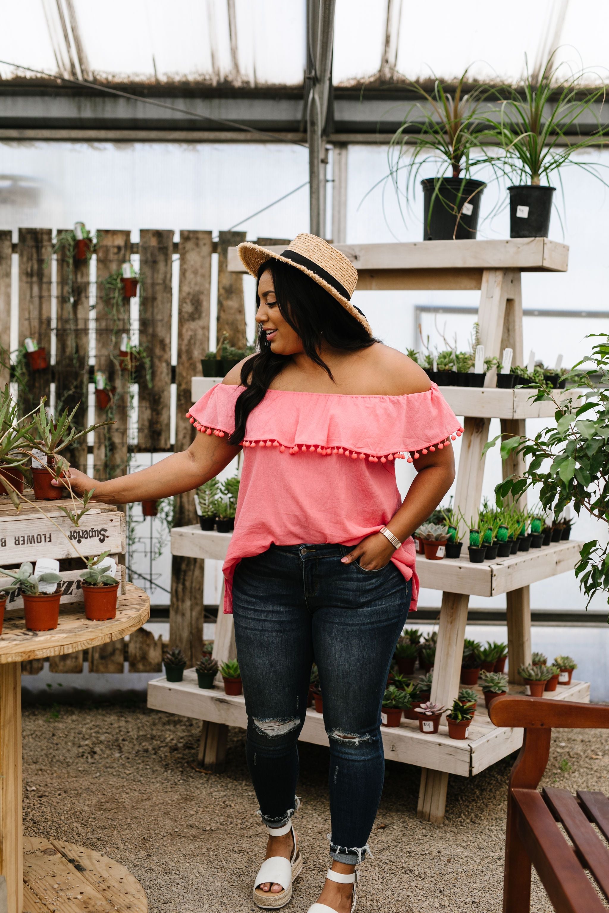 Penelope Pom Pom Off Shoulder Top In Watermelon