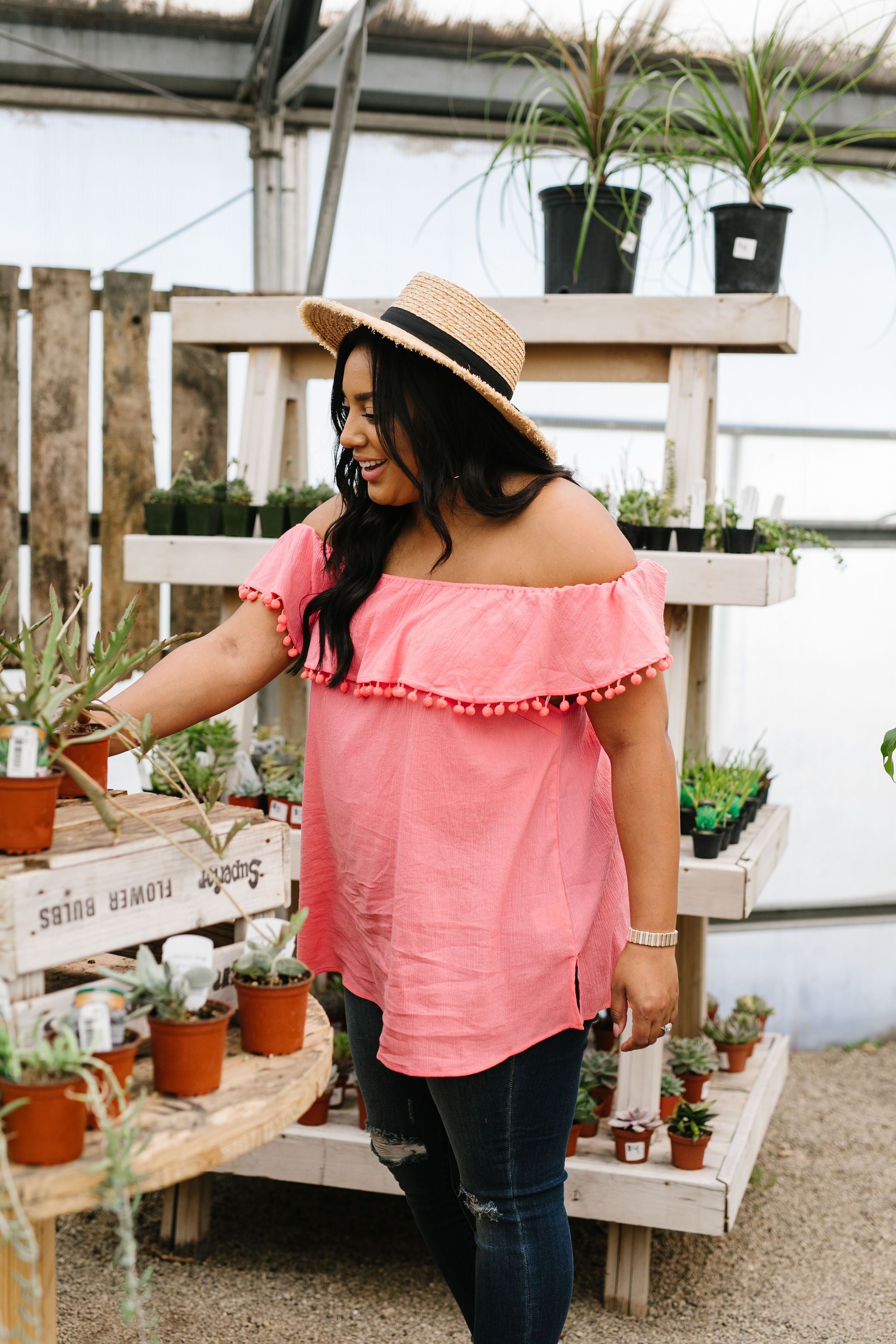 Penelope Pom Pom Off Shoulder Top In Watermelon