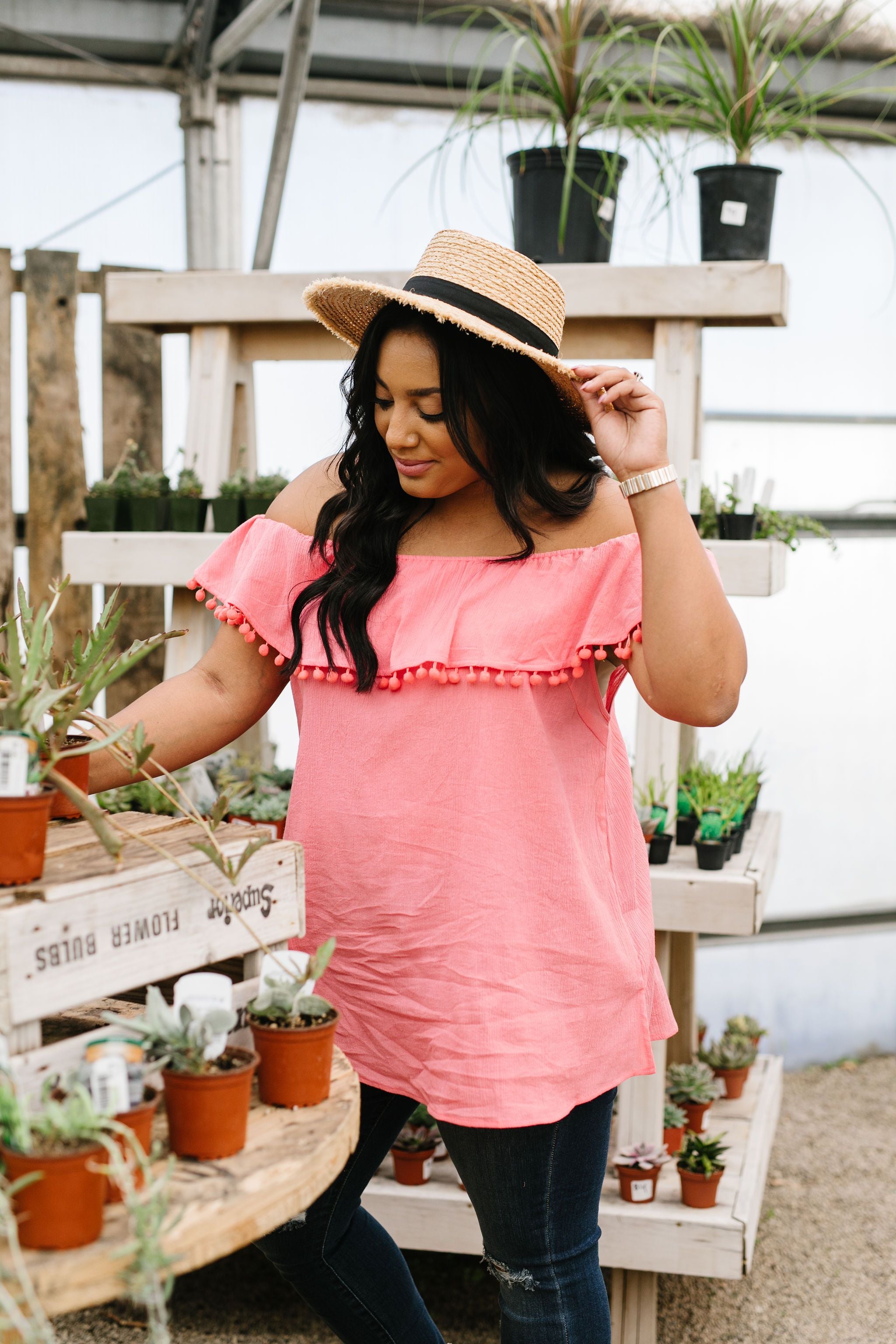 Penelope Pom Pom Off Shoulder Top In Watermelon