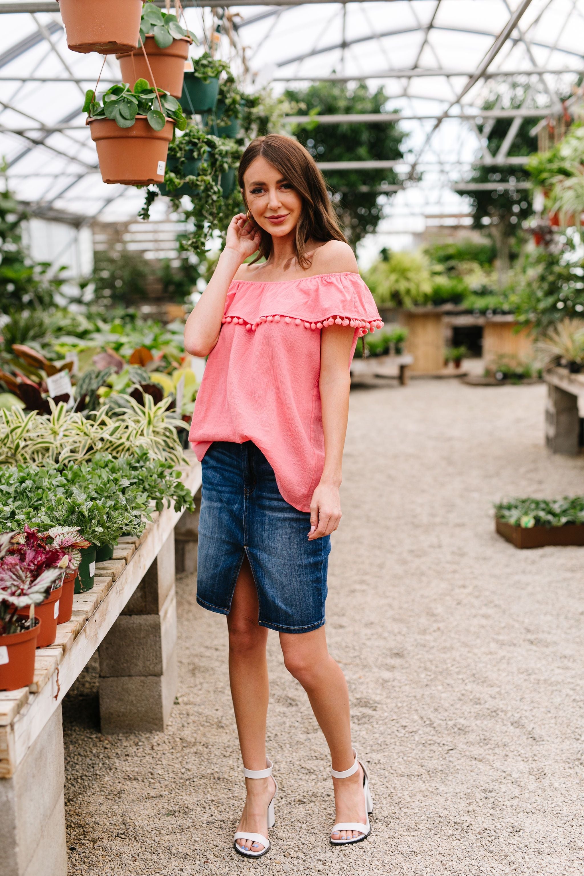 Penelope Pom Pom Off Shoulder Top In Watermelon