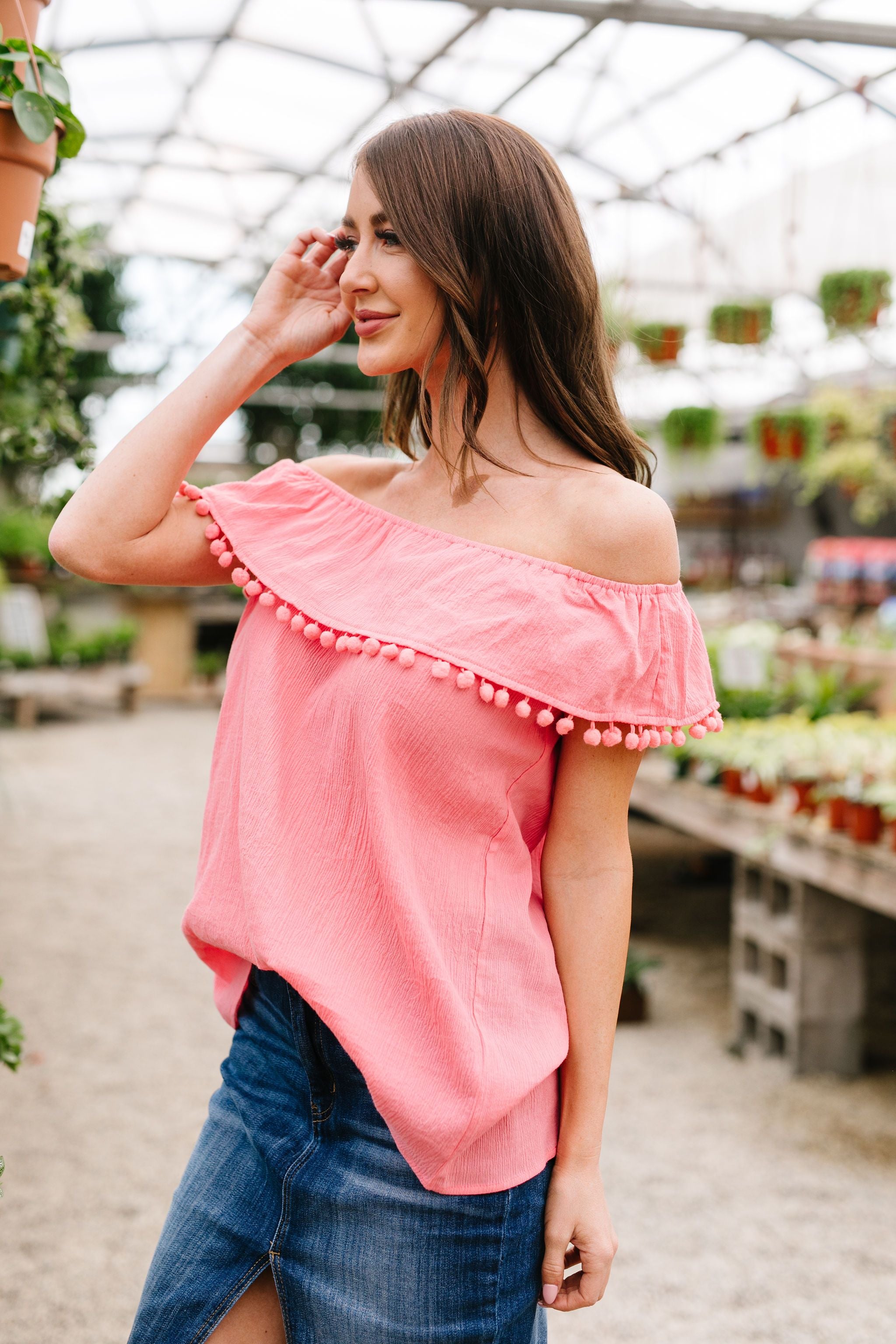 Penelope Pom Pom Off Shoulder Top In Watermelon