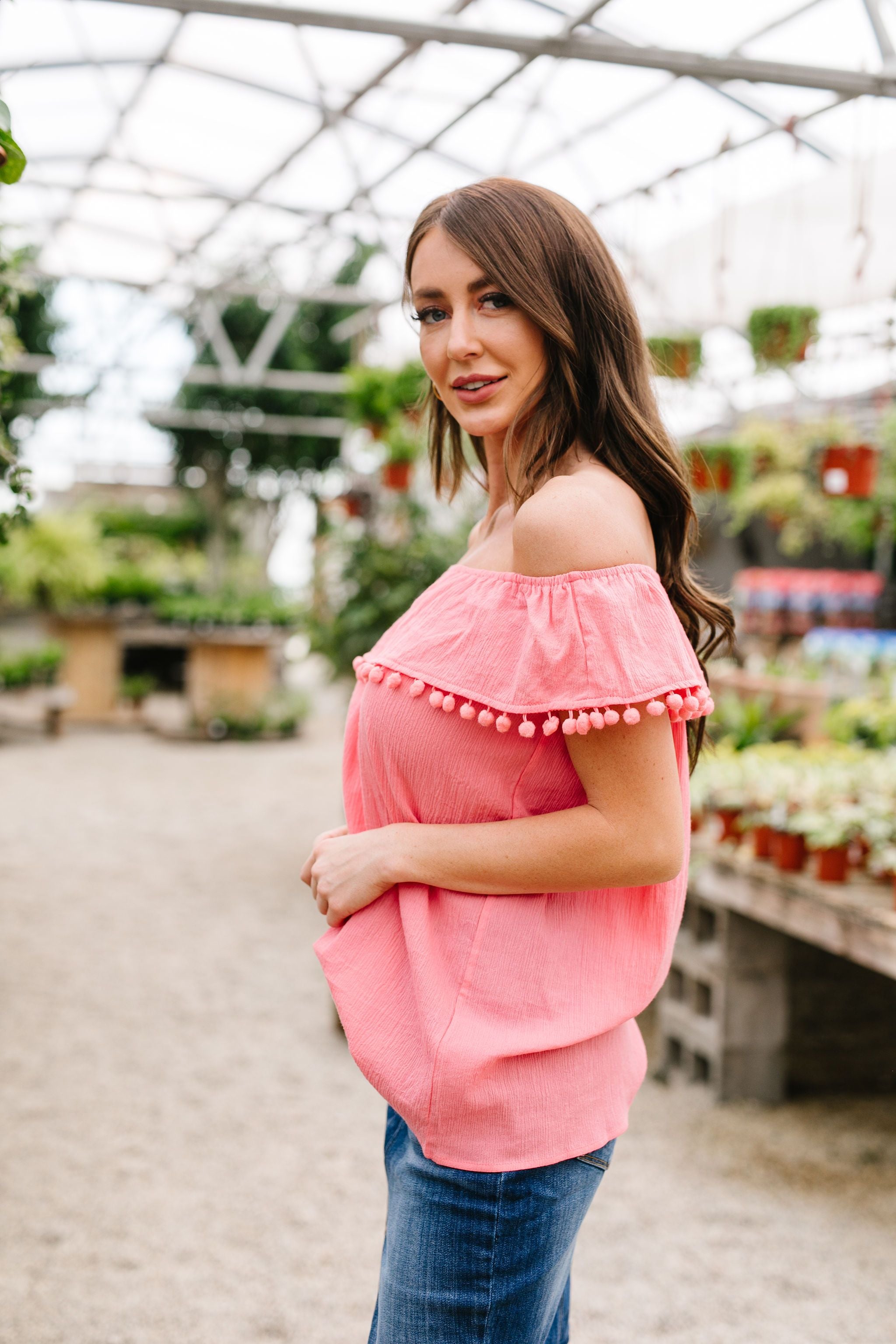 Penelope Pom Pom Off Shoulder Top In Watermelon