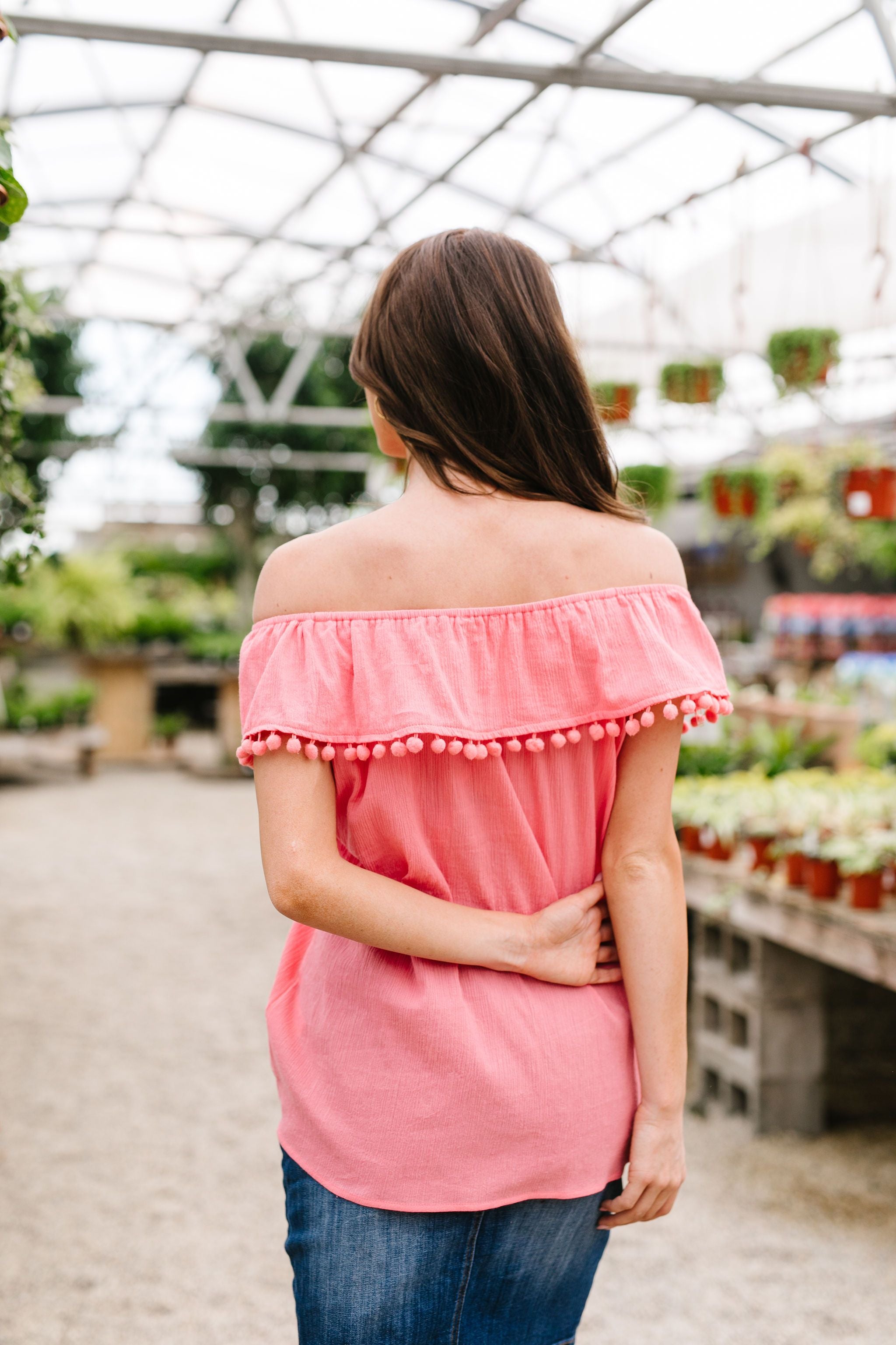 Penelope Pom Pom Off Shoulder Top In Watermelon