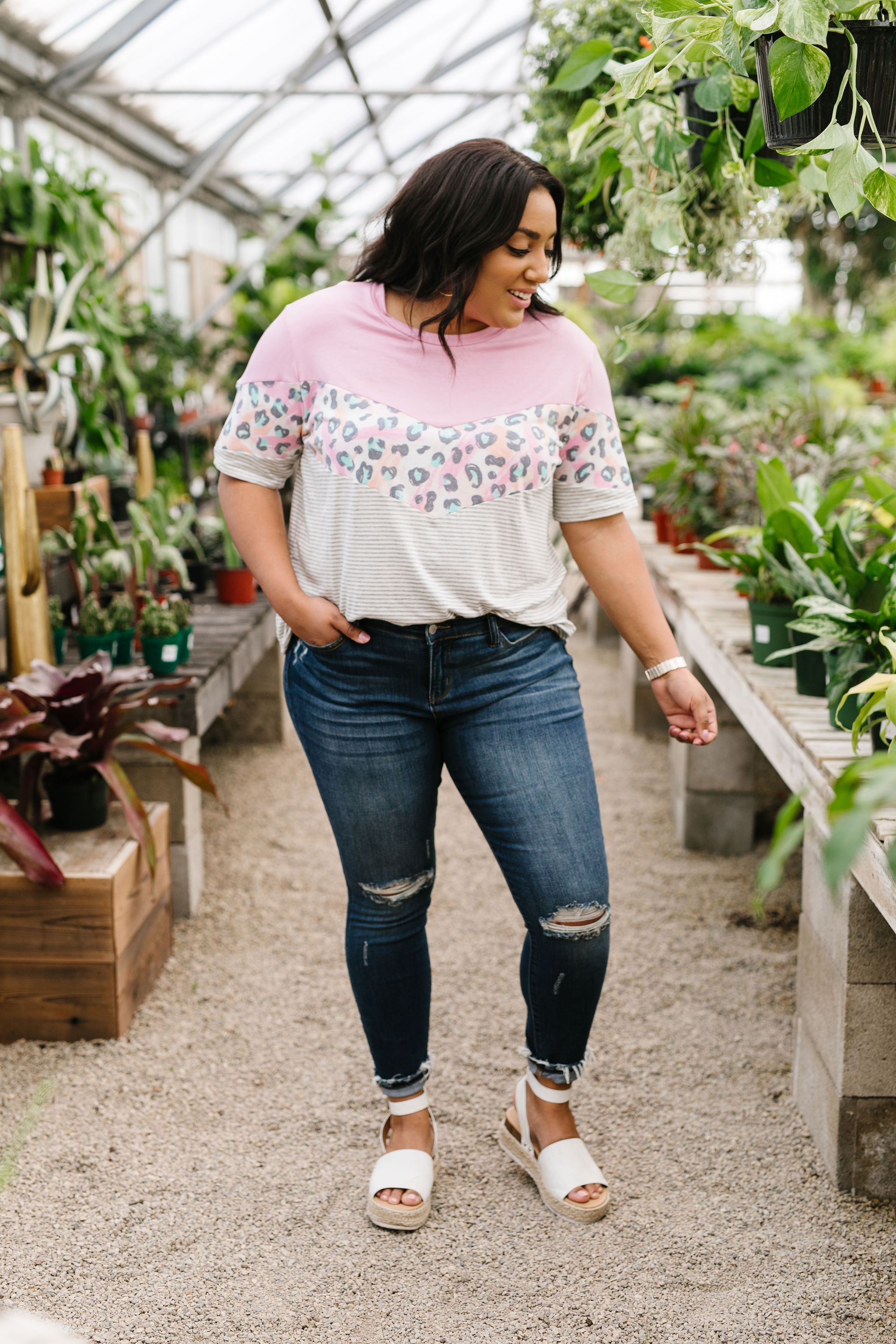Pink Chevron Color Block Top