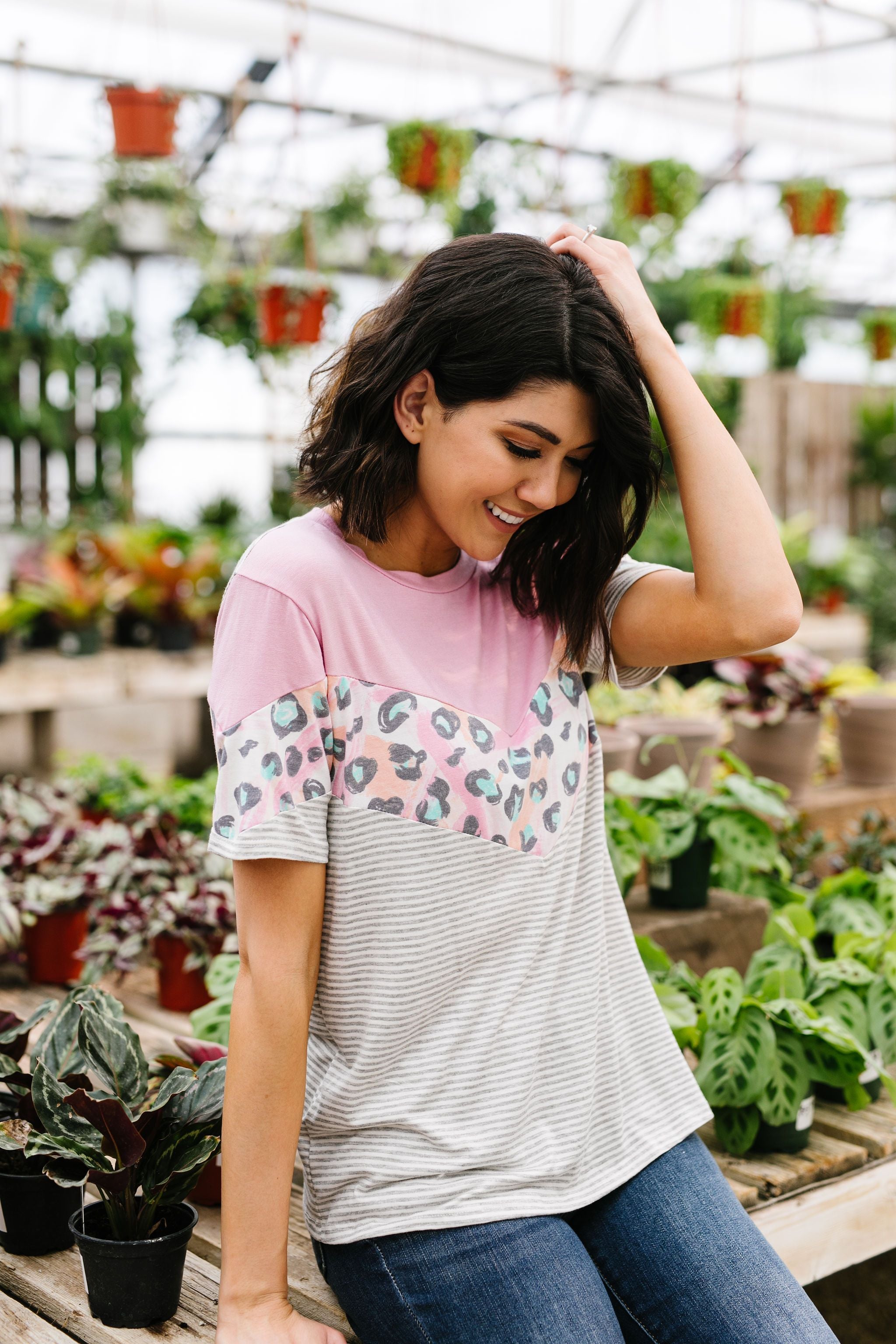 Pink Chevron Color Block Top