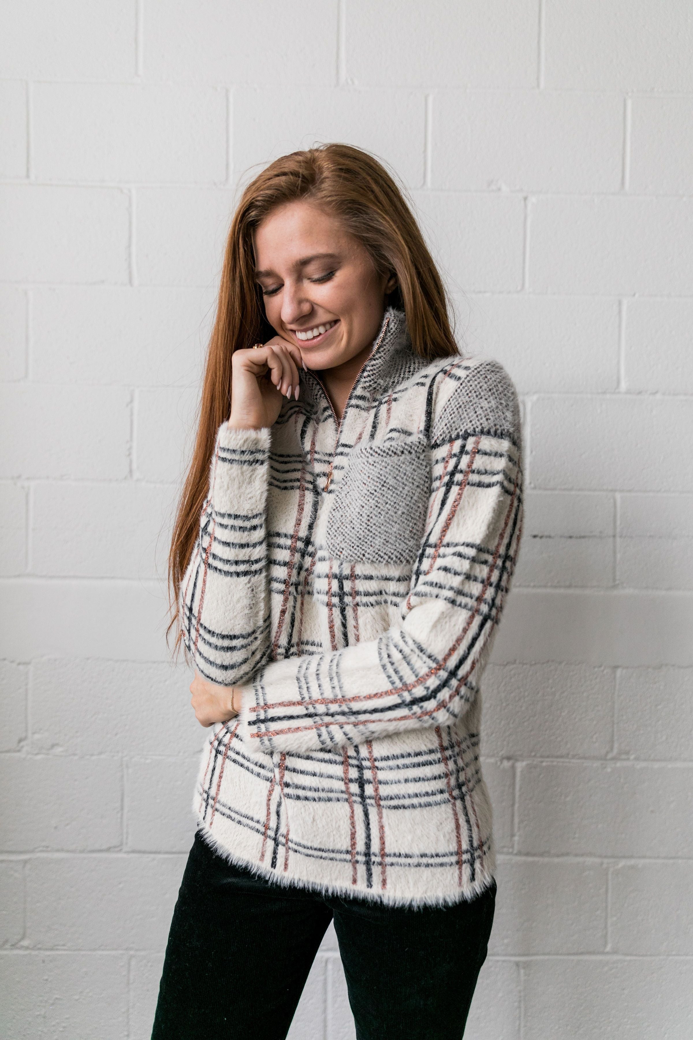 Copper And Plaid Fuzzy Pullover