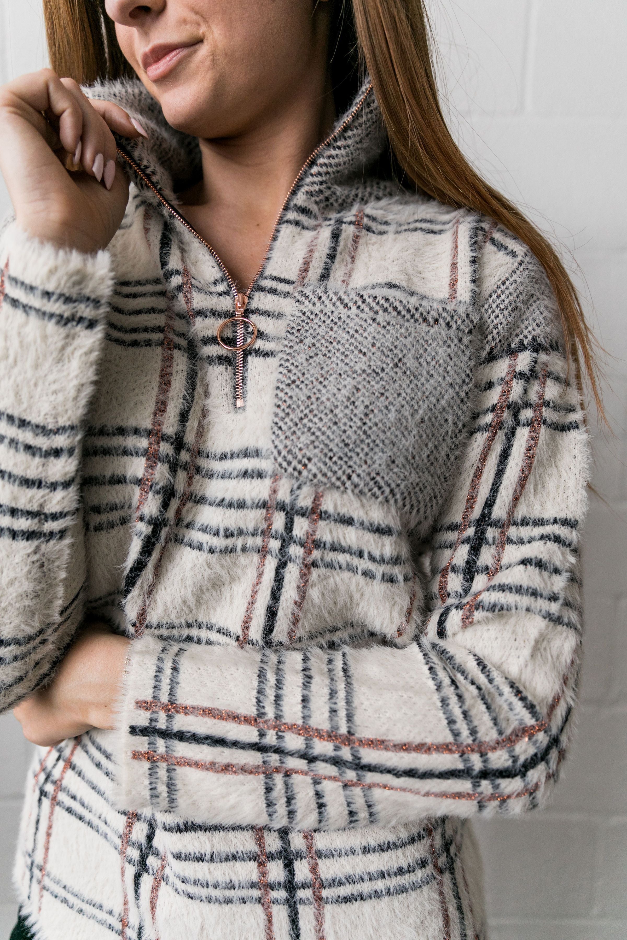 Copper And Plaid Fuzzy Pullover