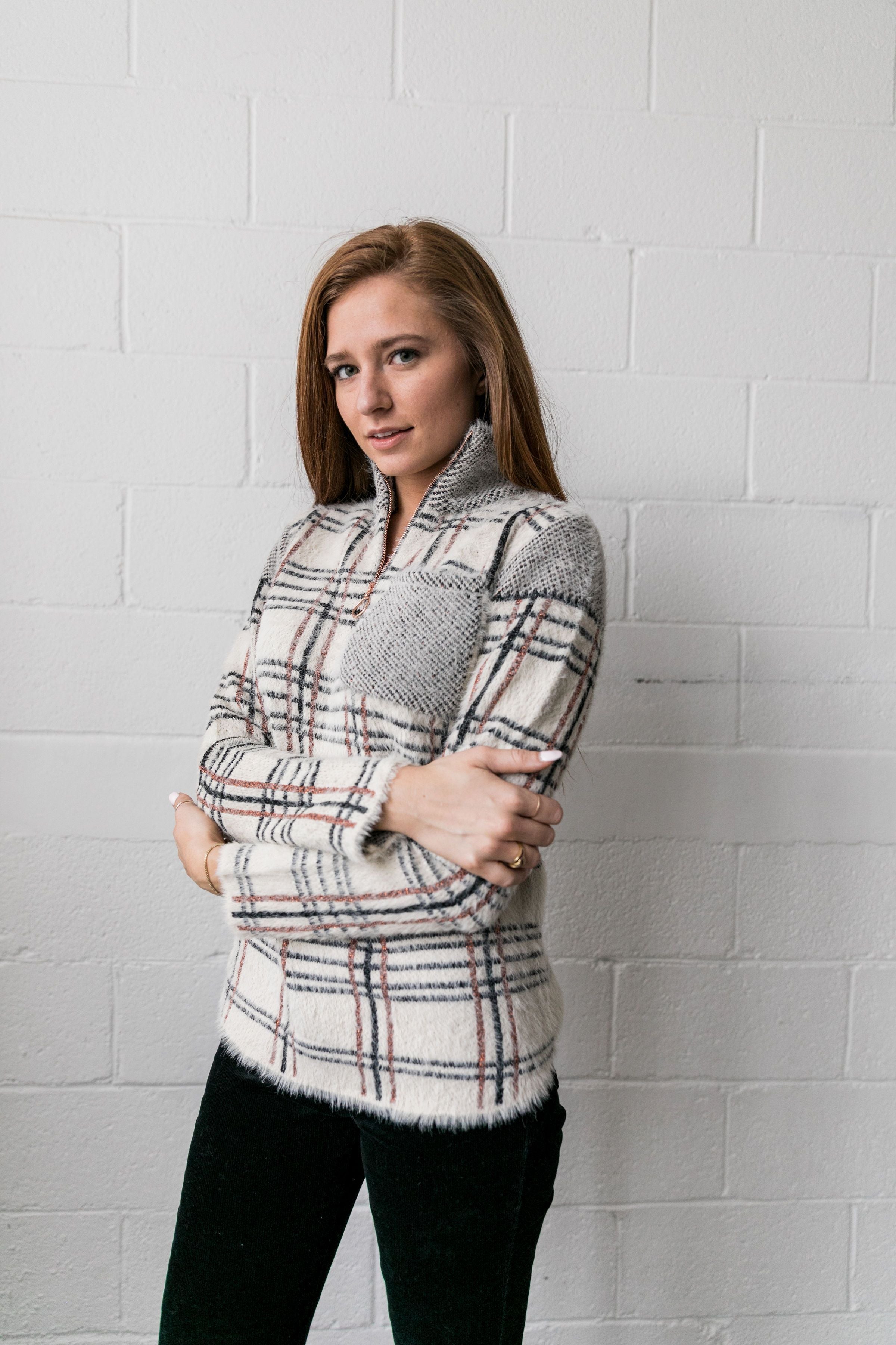 Copper And Plaid Fuzzy Pullover
