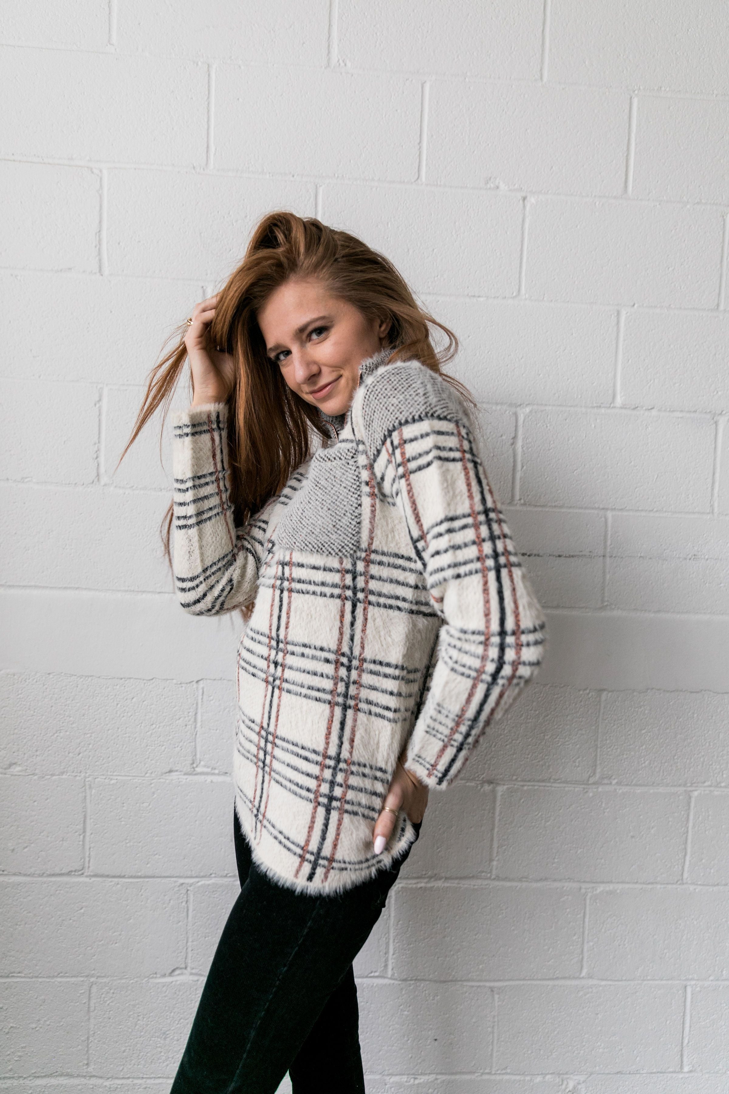 Copper And Plaid Fuzzy Pullover