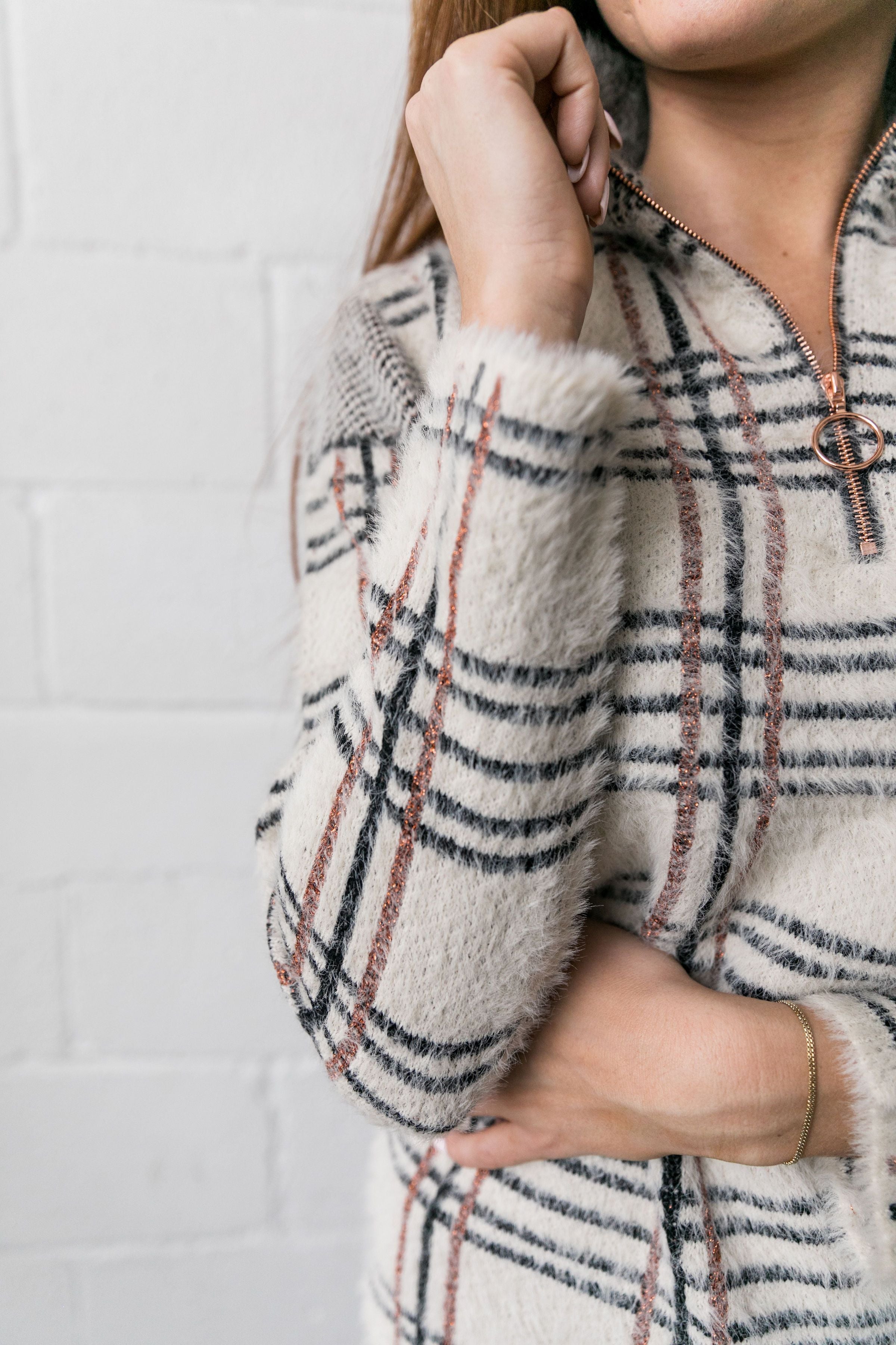 Copper And Plaid Fuzzy Pullover