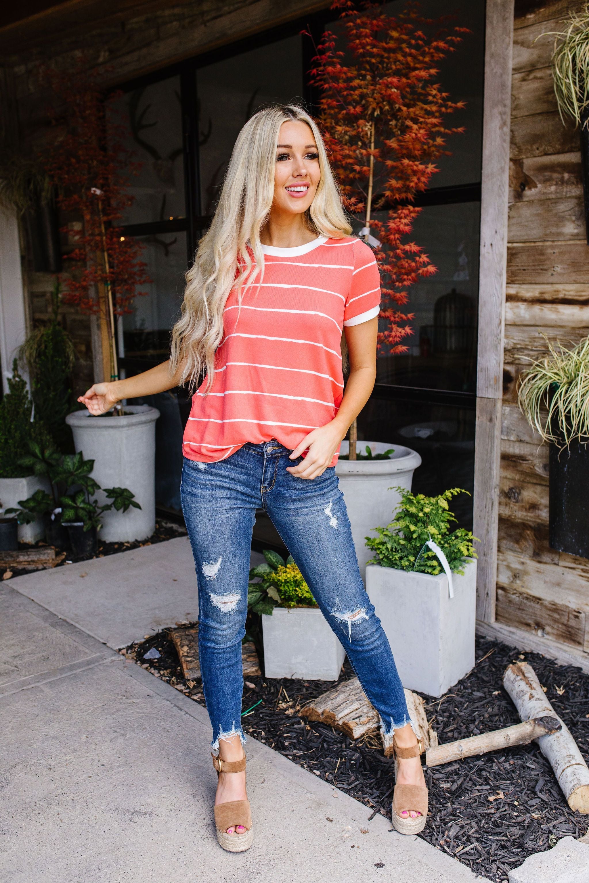 Play Day Coral Striped Top