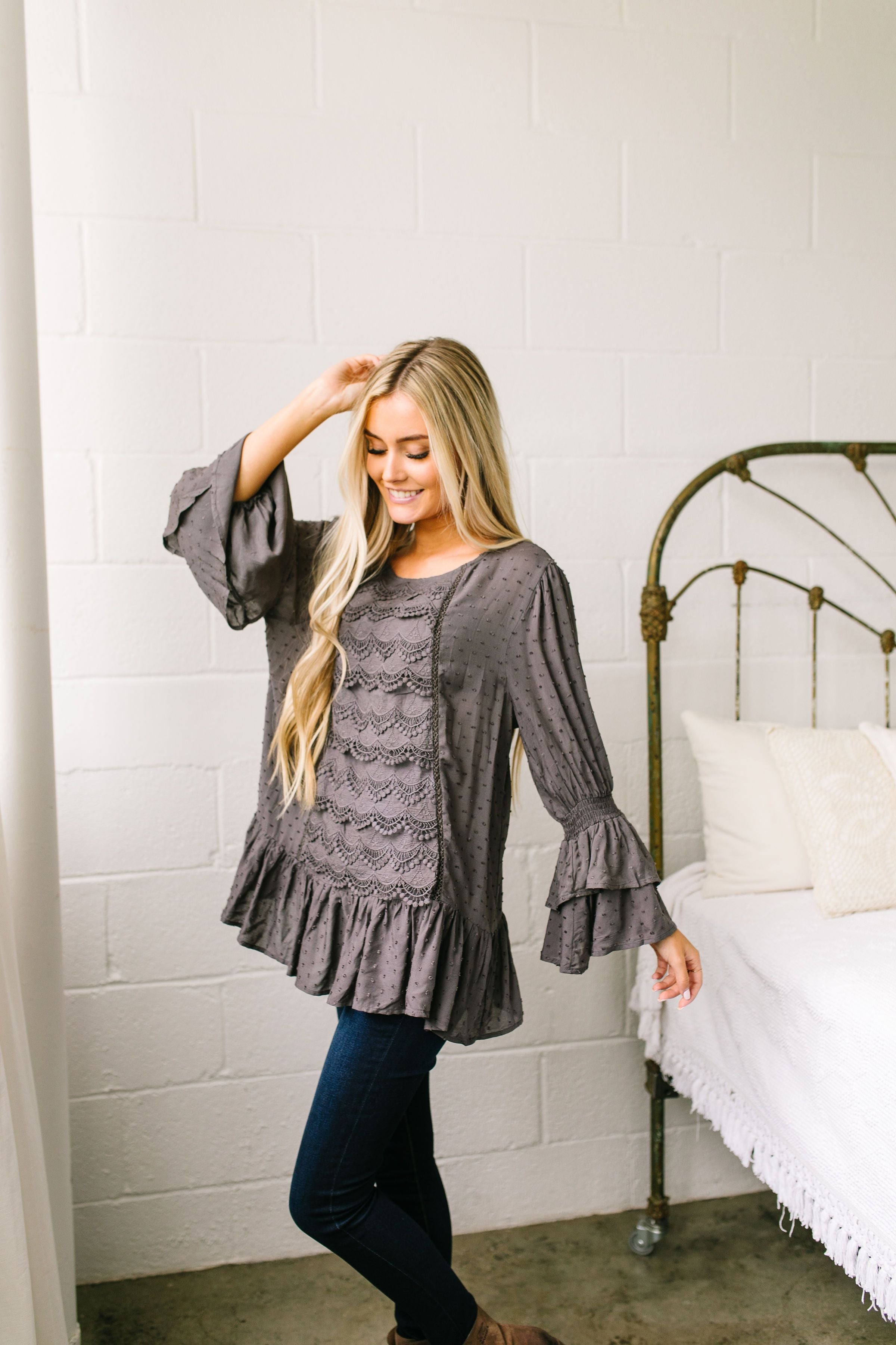 Play It Again Samantha Lace Top In Charcoal - ALL SALES FINAL