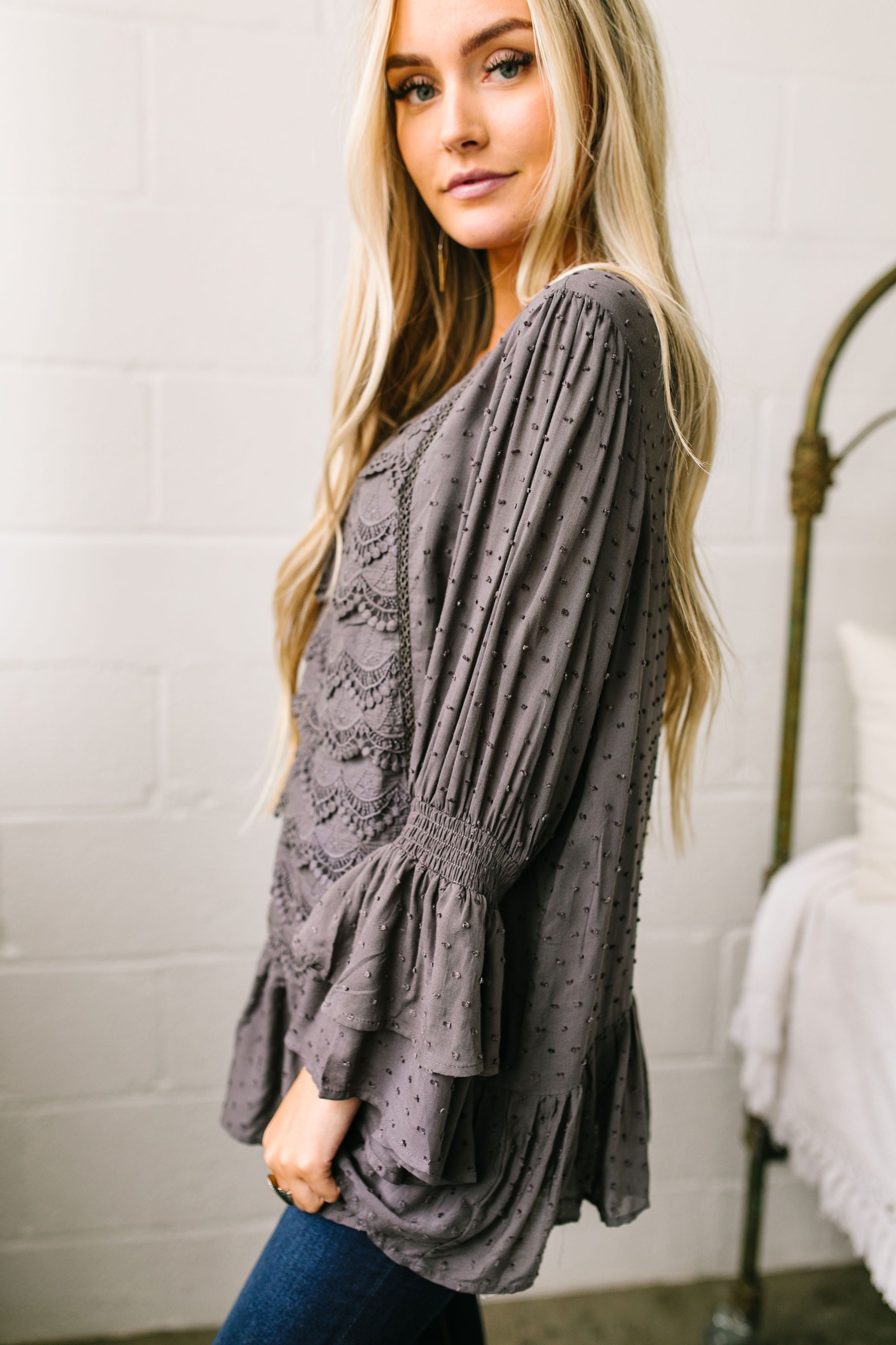 Play It Again Samantha Lace Top In Charcoal - ALL SALES FINAL