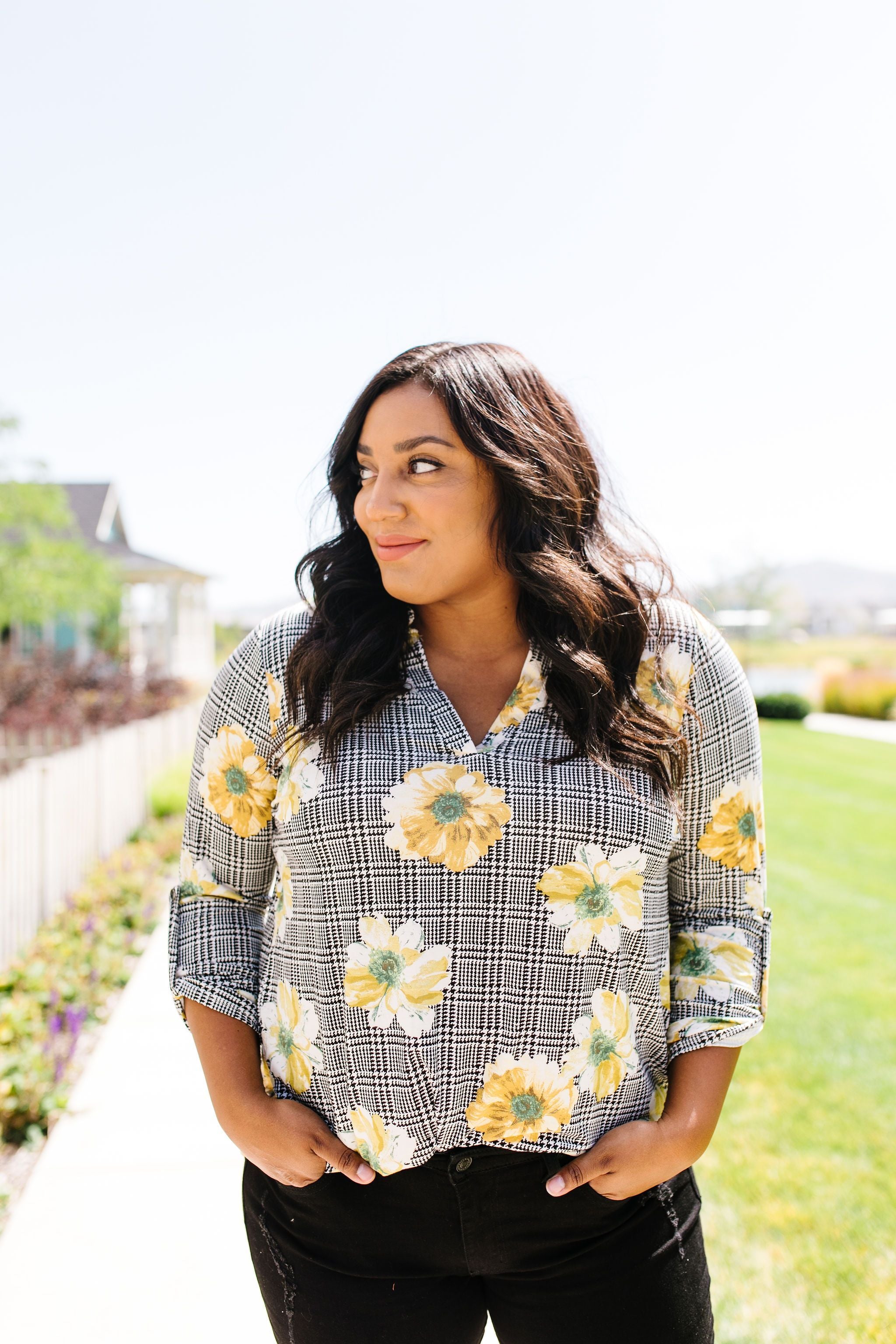 Poppies On Plaid Blouse