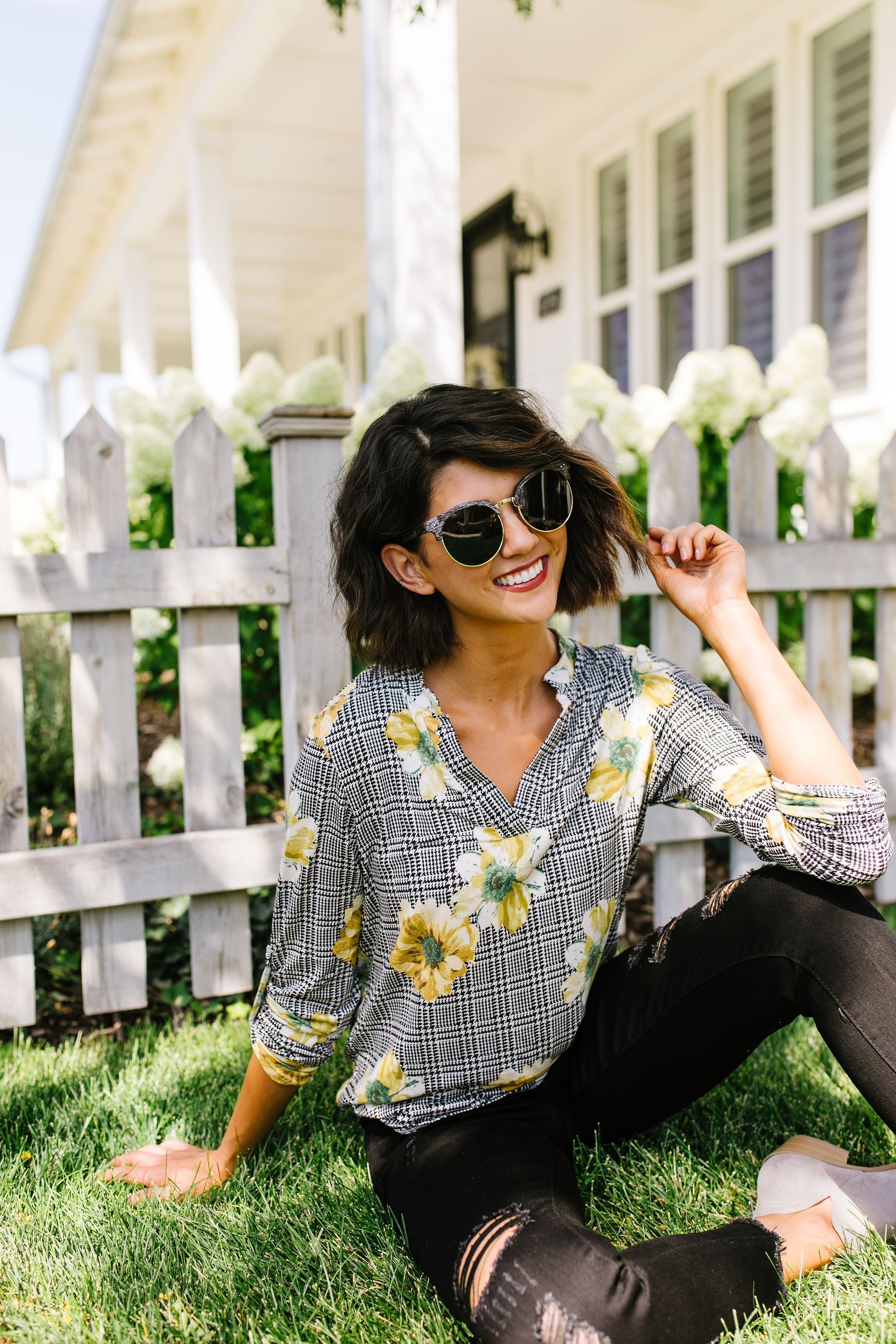 Poppies On Plaid Blouse
