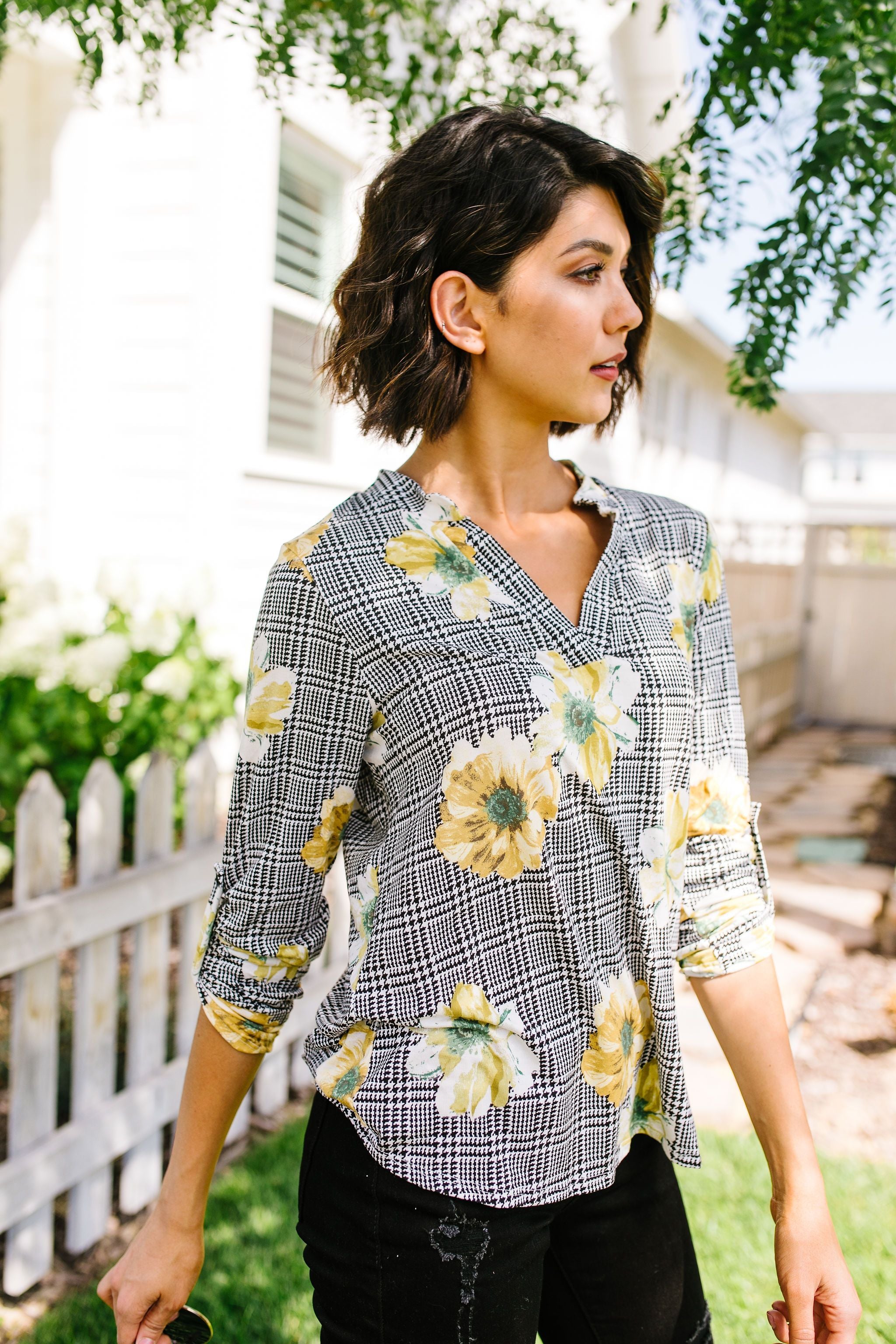 Poppies On Plaid Blouse