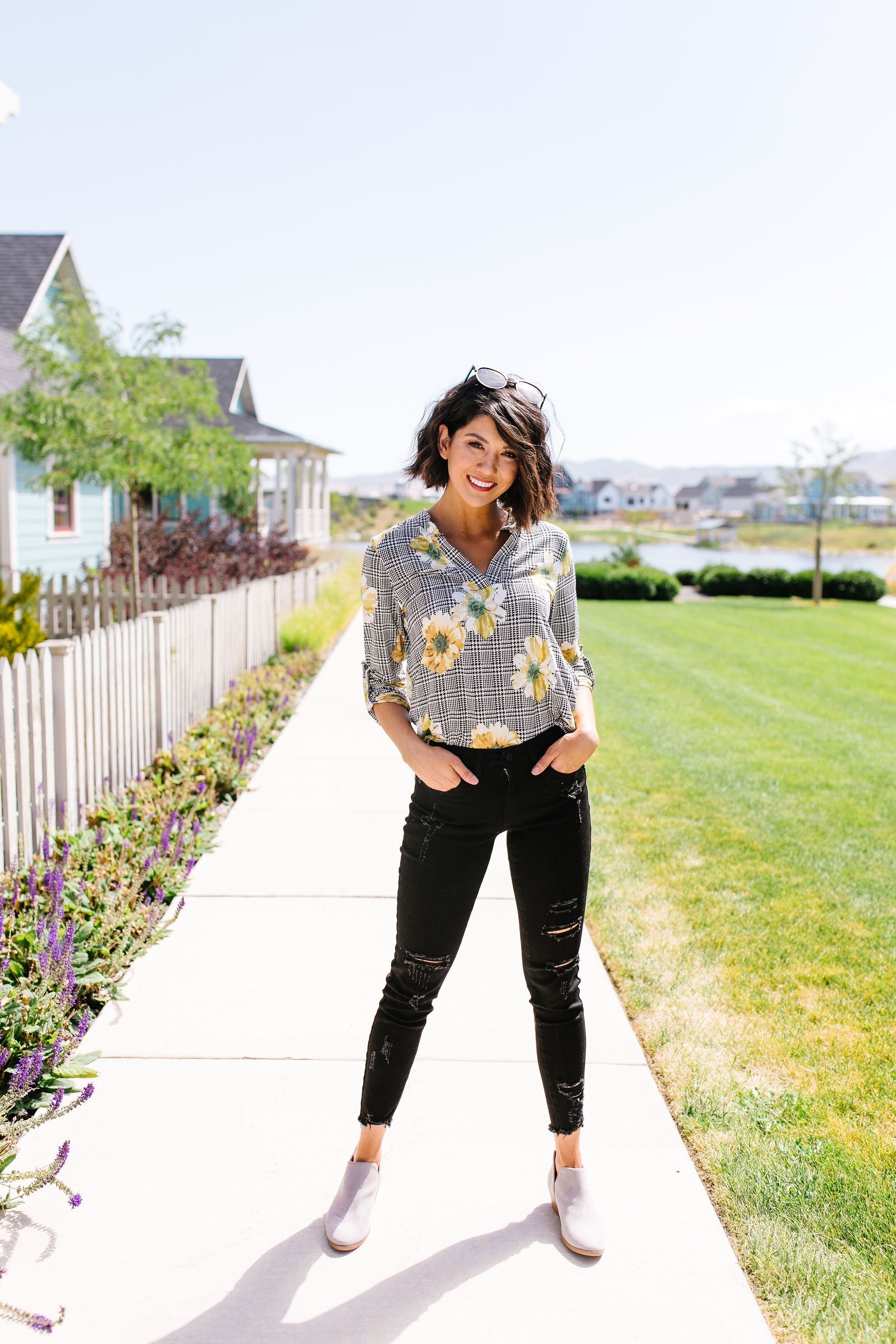 Poppies On Plaid Blouse