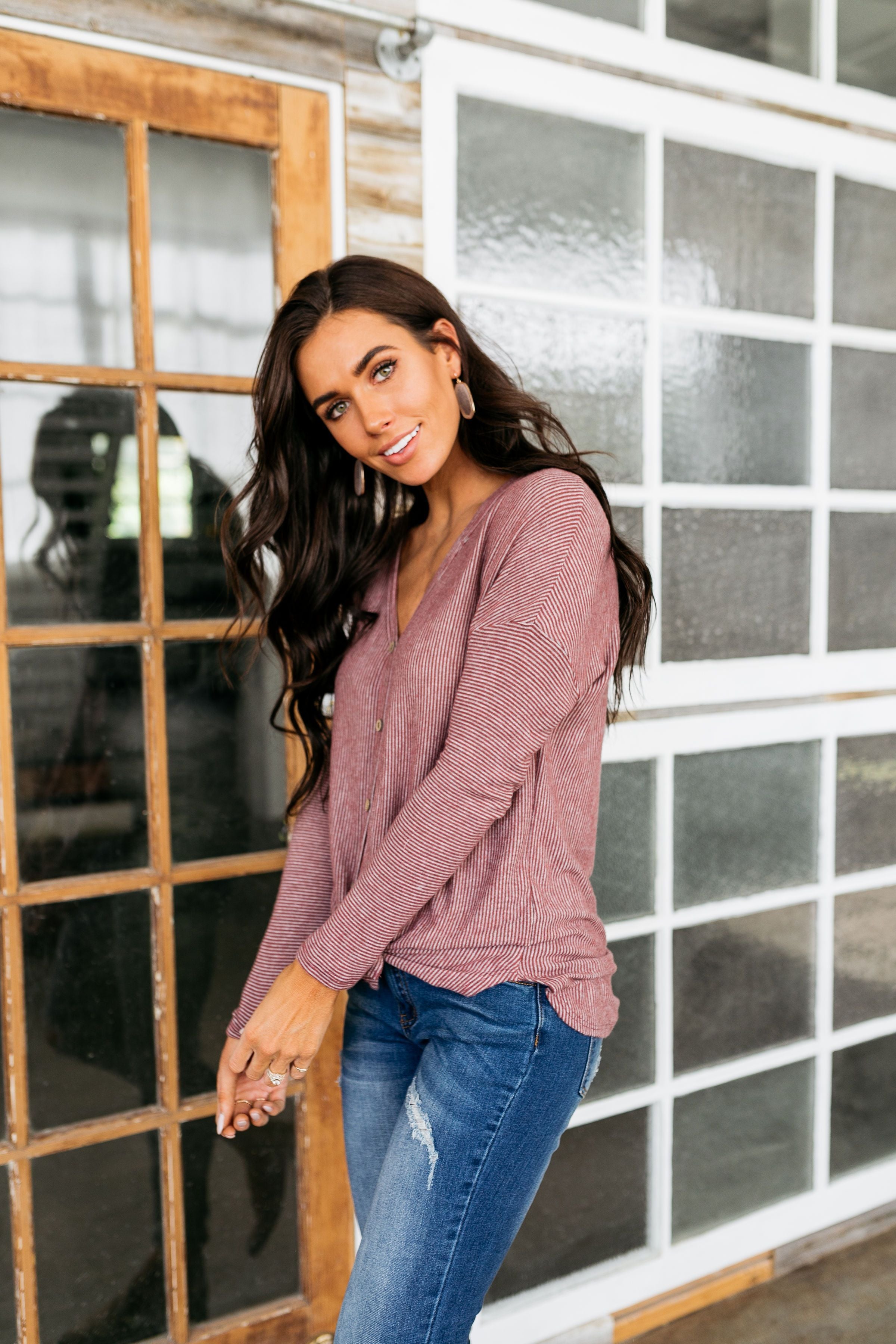 Pretty Pinstriped Button-Down In Burgundy + Gray