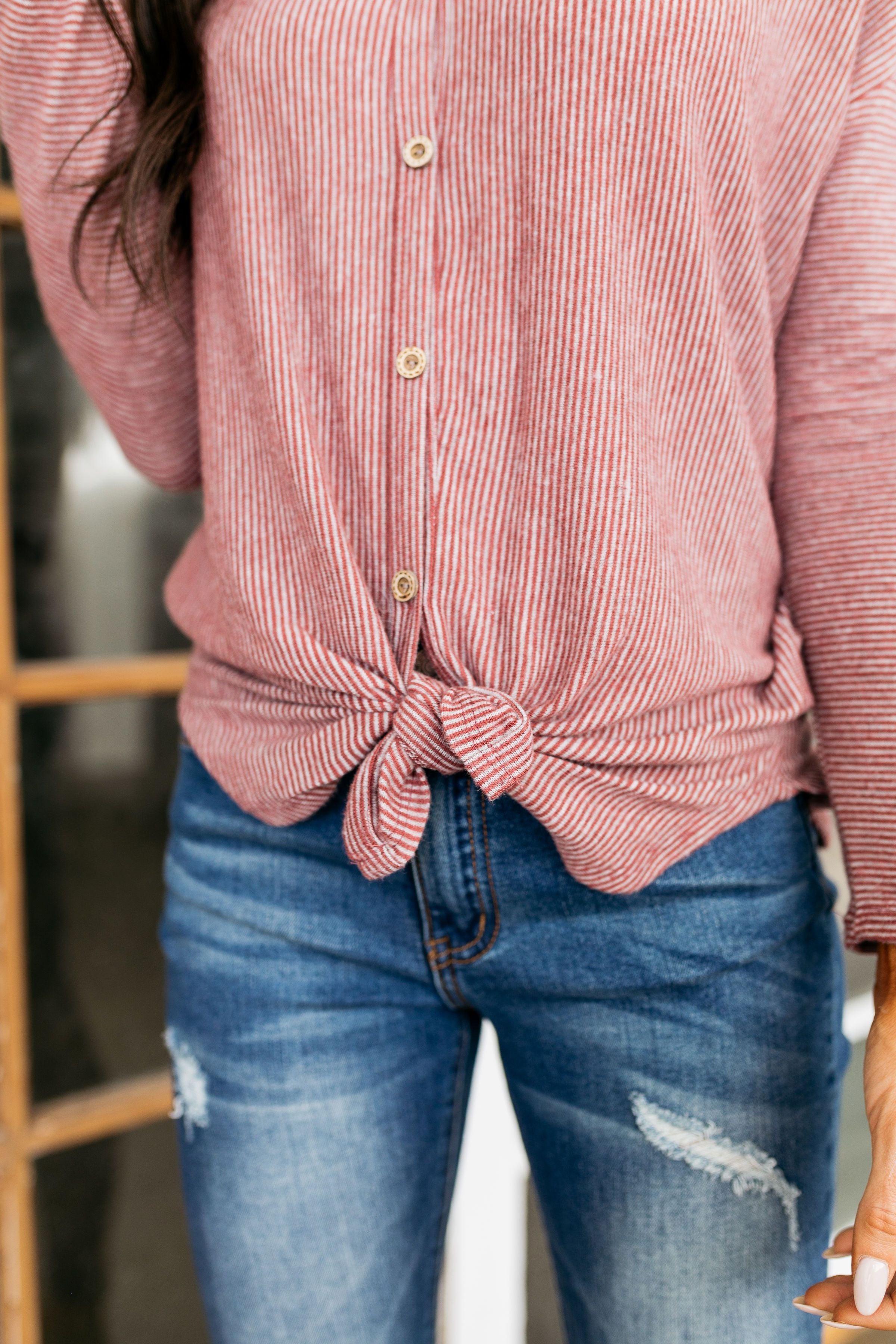 Pretty Pinstriped Button-Down In Burgundy + Gray