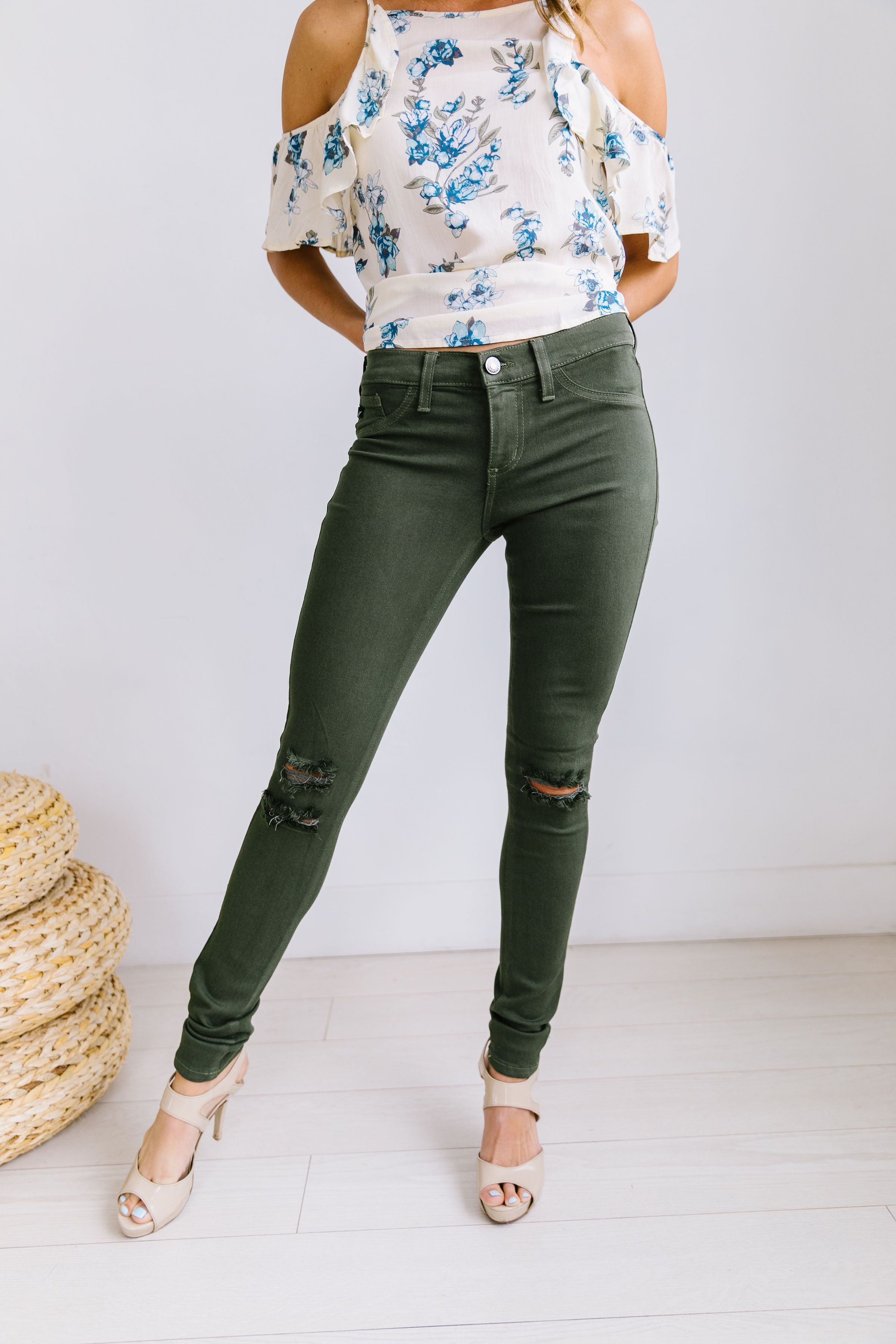 Ripped Knee Olive Skinny Jeans