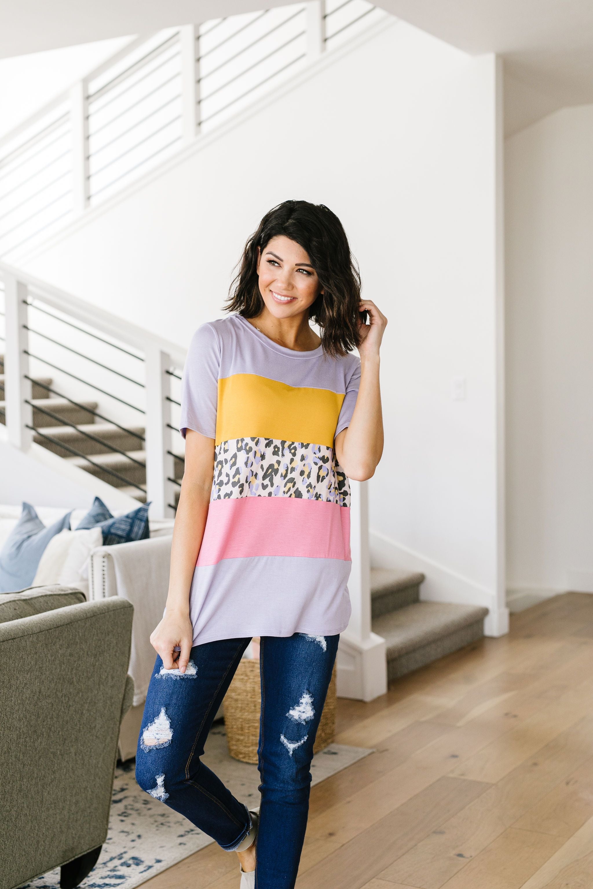 Sherbet Leopard Colorblock Top