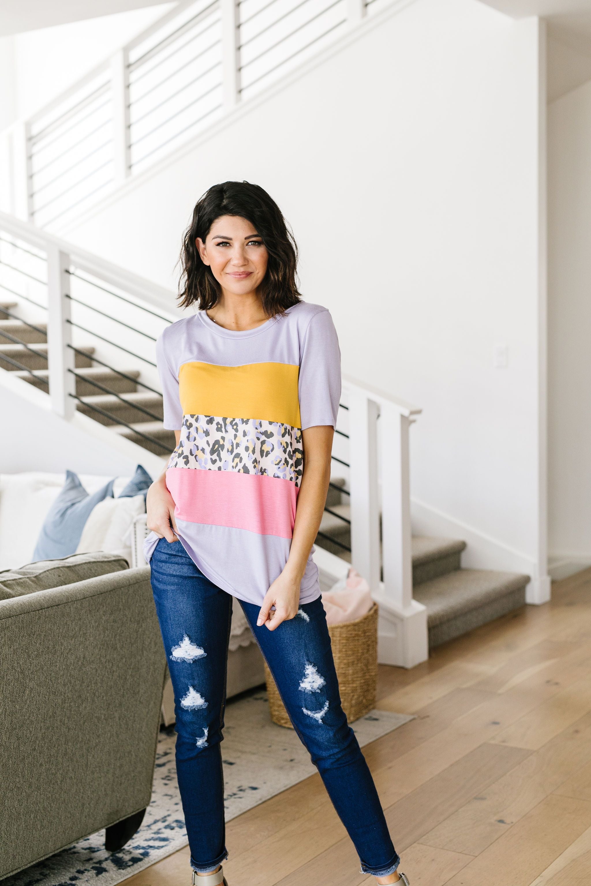 Sherbet Leopard Colorblock Top