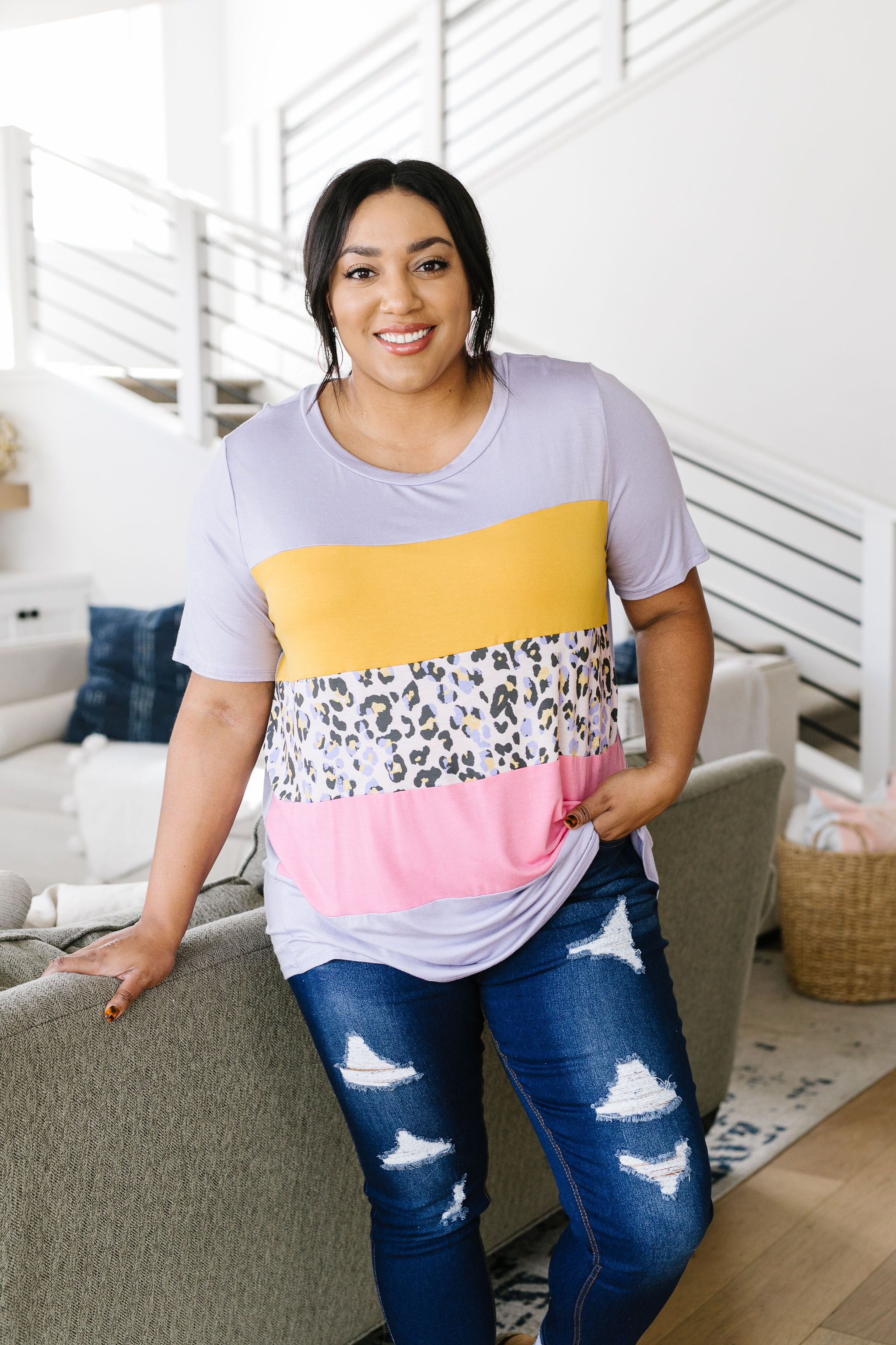 Sherbet Leopard Colorblock Top