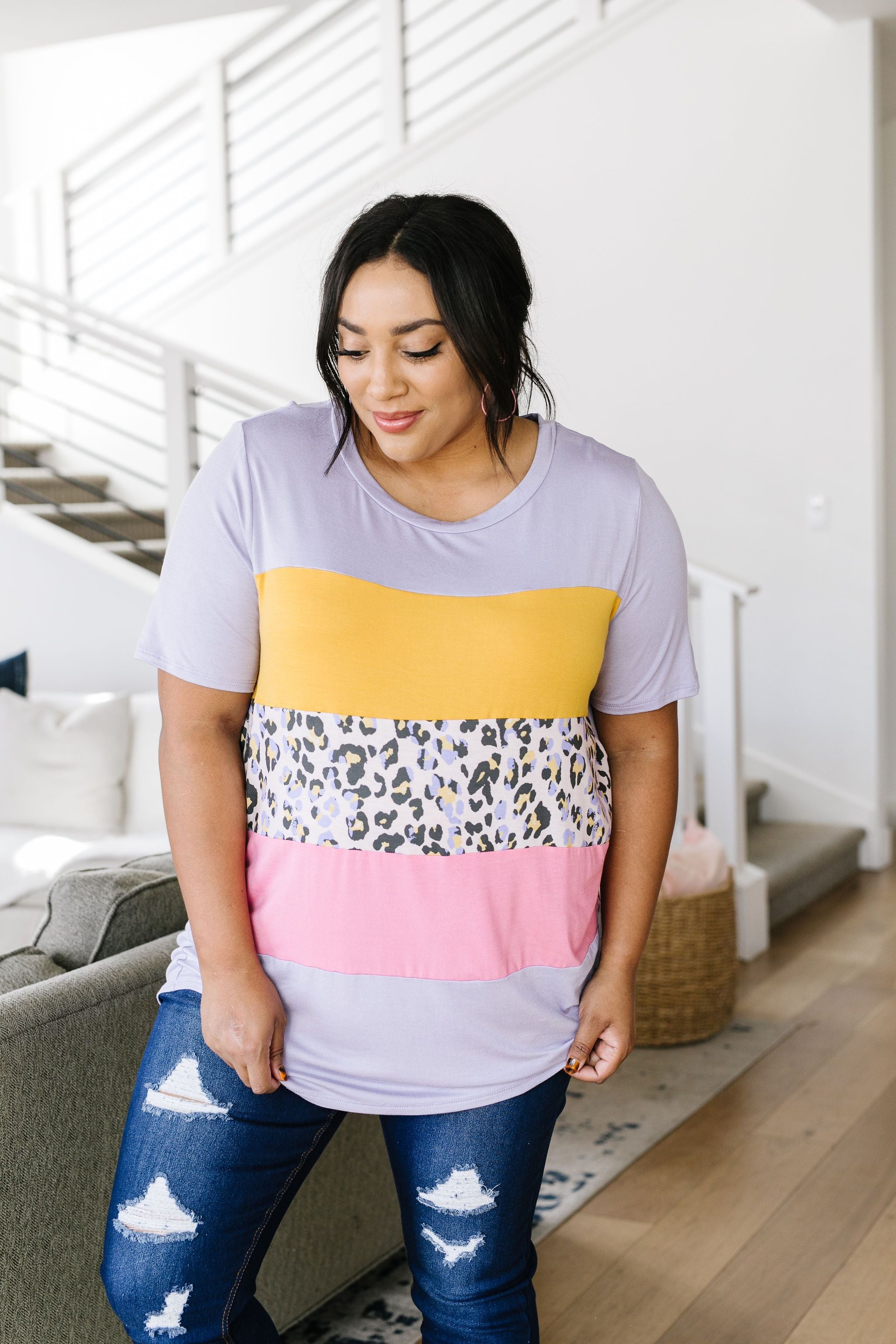 Sherbet Leopard Colorblock Top