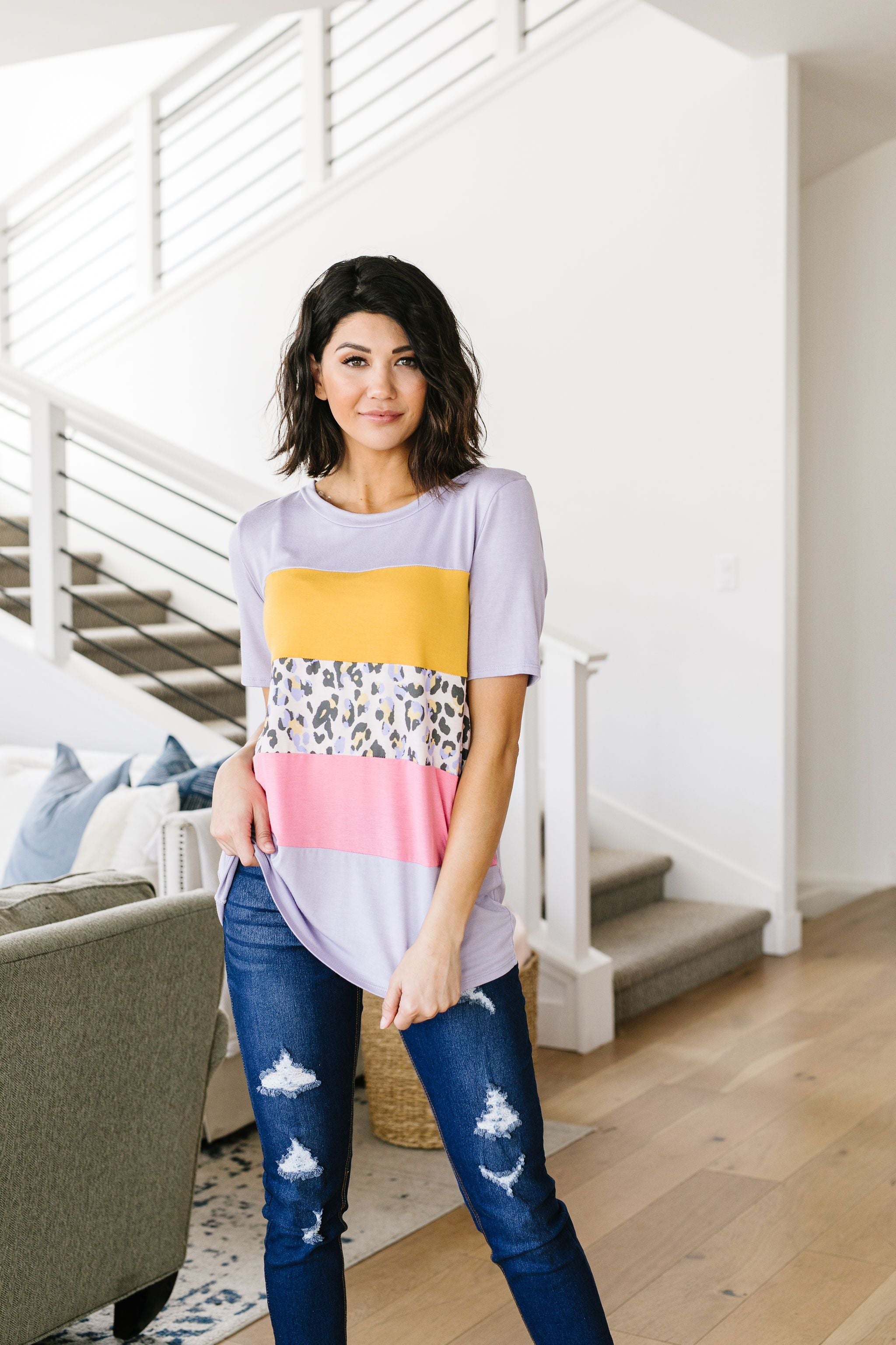 Sherbet Leopard Colorblock Top