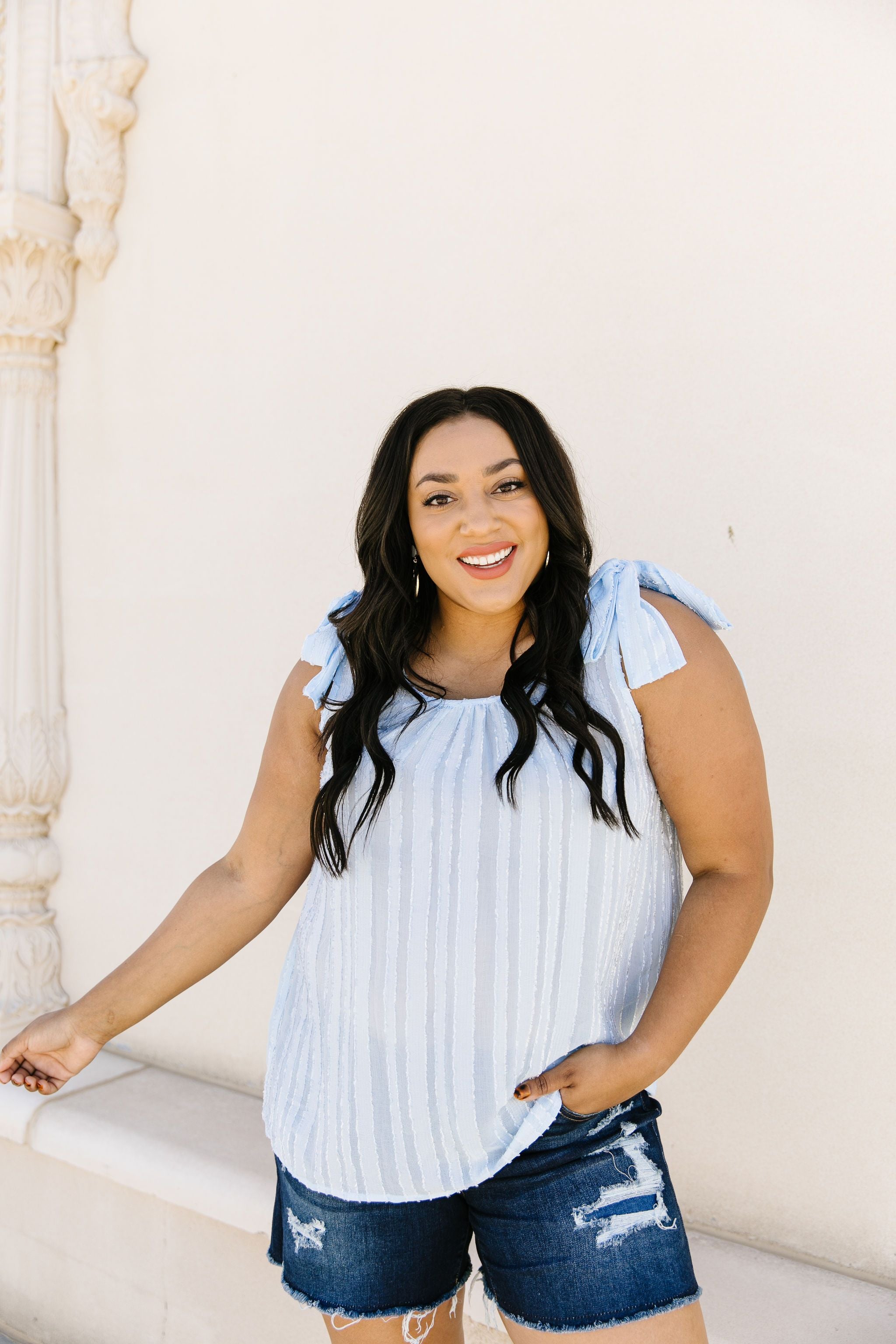 Shoulder Tie Tank In Pale Blue