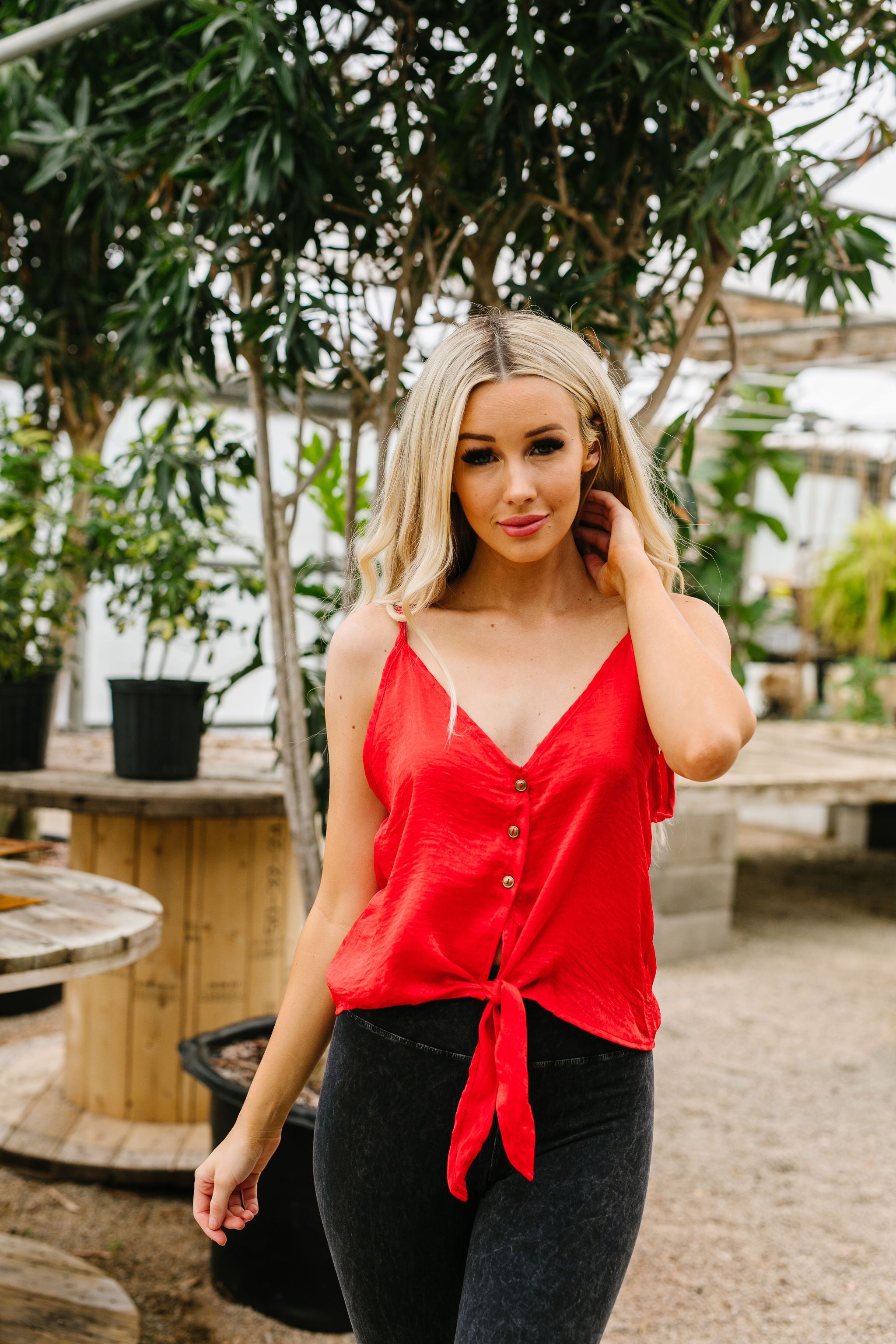 Silky Button-Down Tank In Red