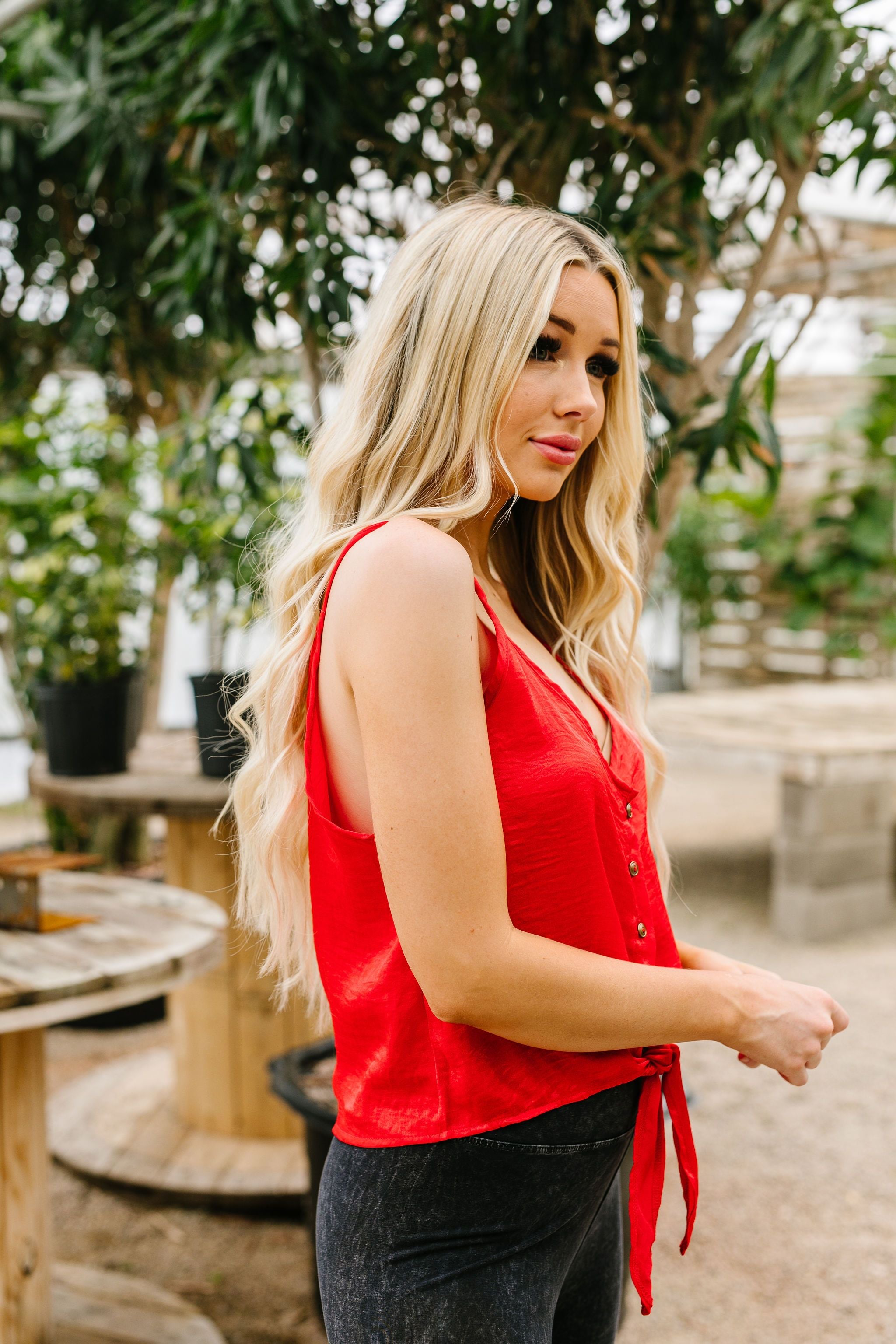 Silky Button-Down Tank In Red