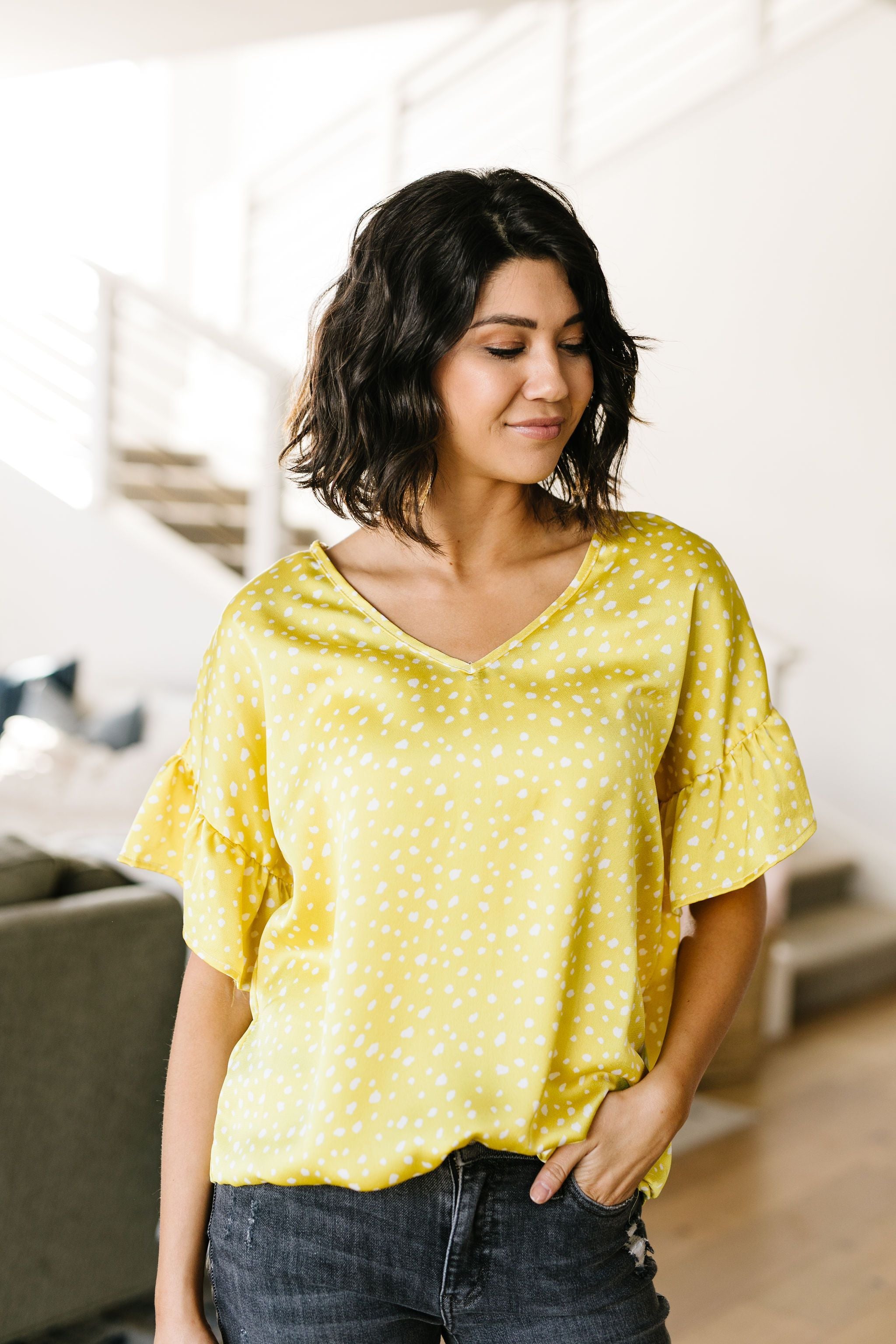 Silky Spots Ruffle Sleeve Blouse In Honey