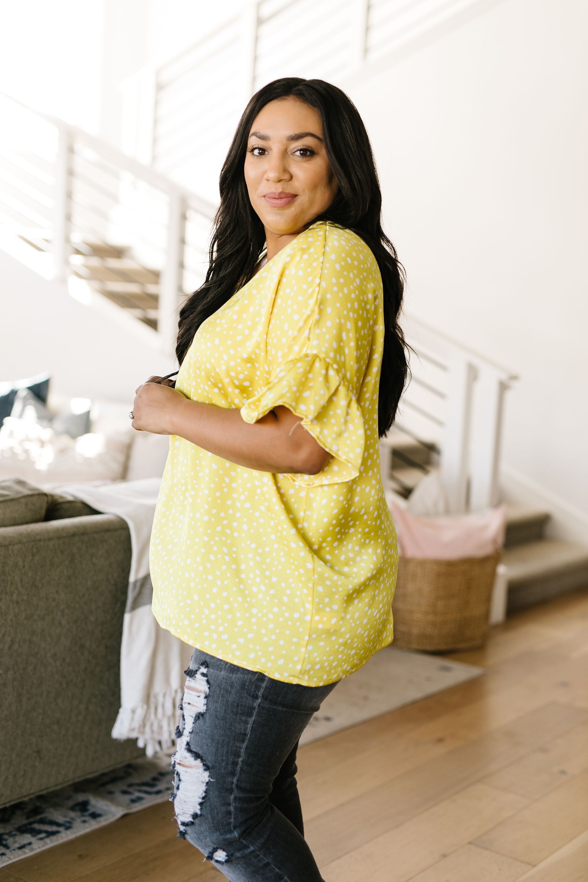 Silky Spots Ruffle Sleeve Blouse In Honey