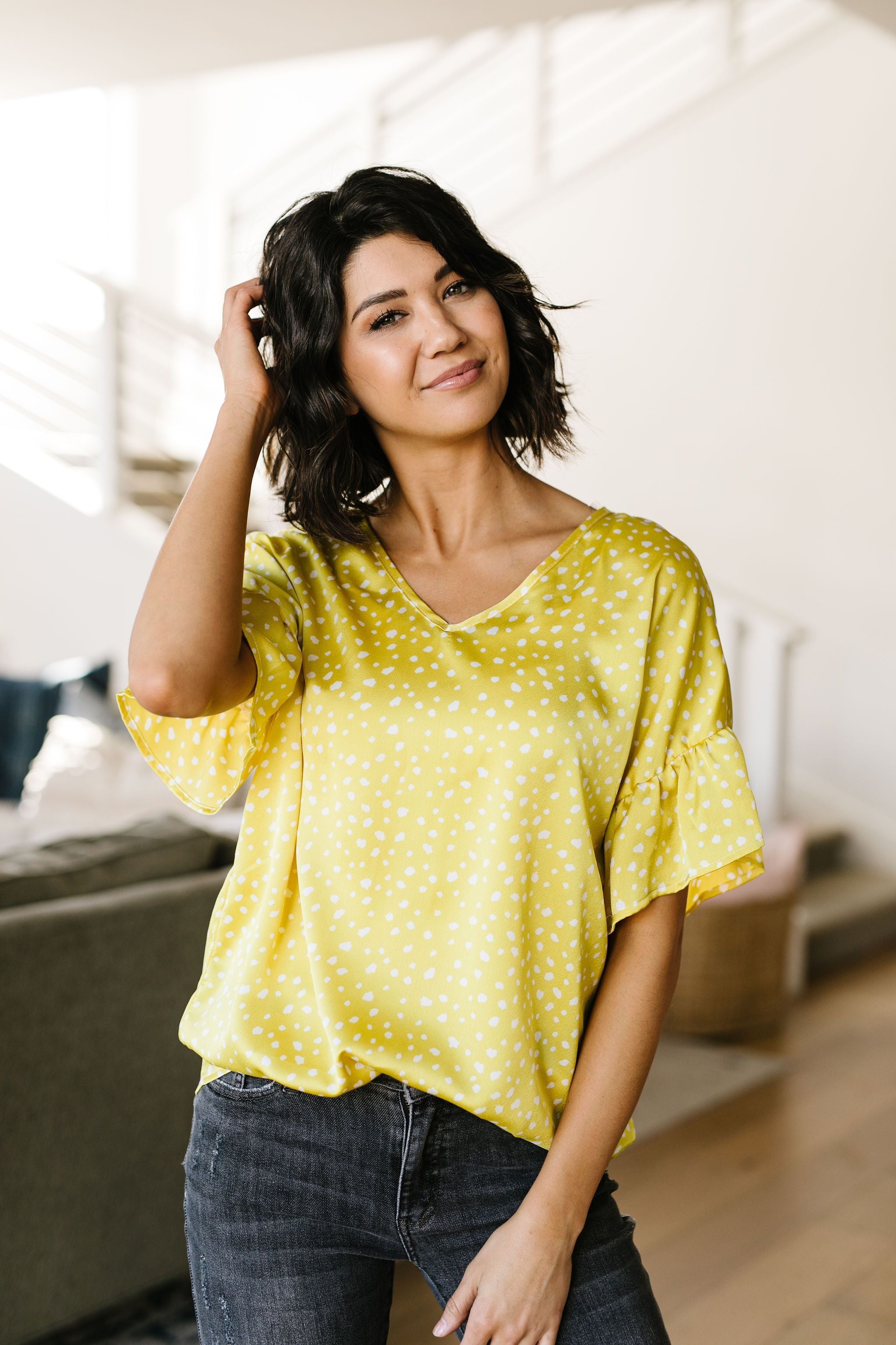 Silky Spots Ruffle Sleeve Blouse In Honey