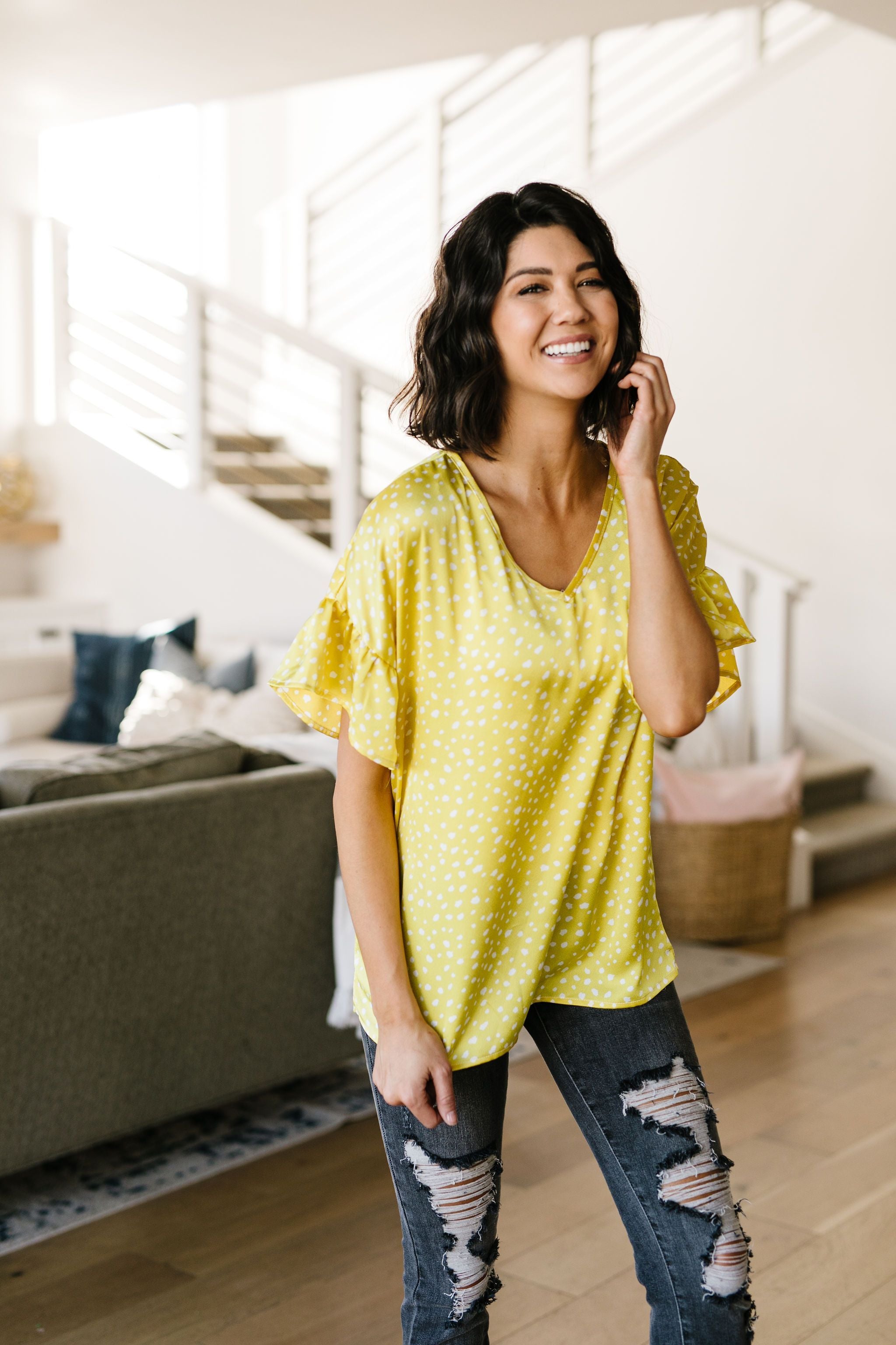 Silky Spots Ruffle Sleeve Blouse In Honey
