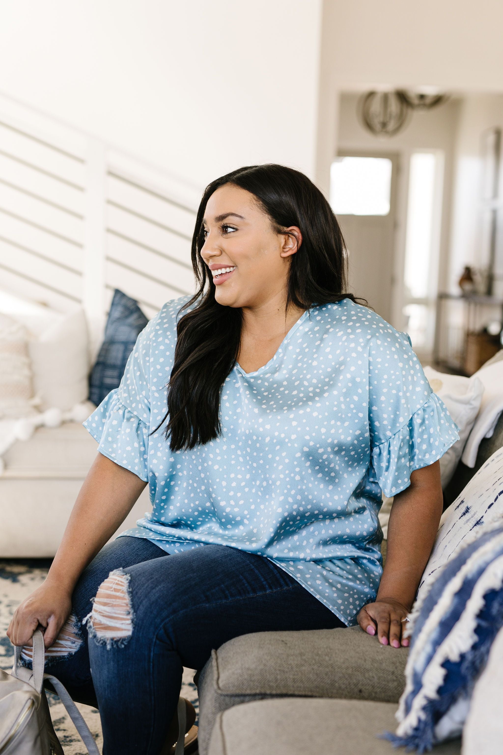 Silky Spots Ruffle Sleeve Blouse In Sky Blue
