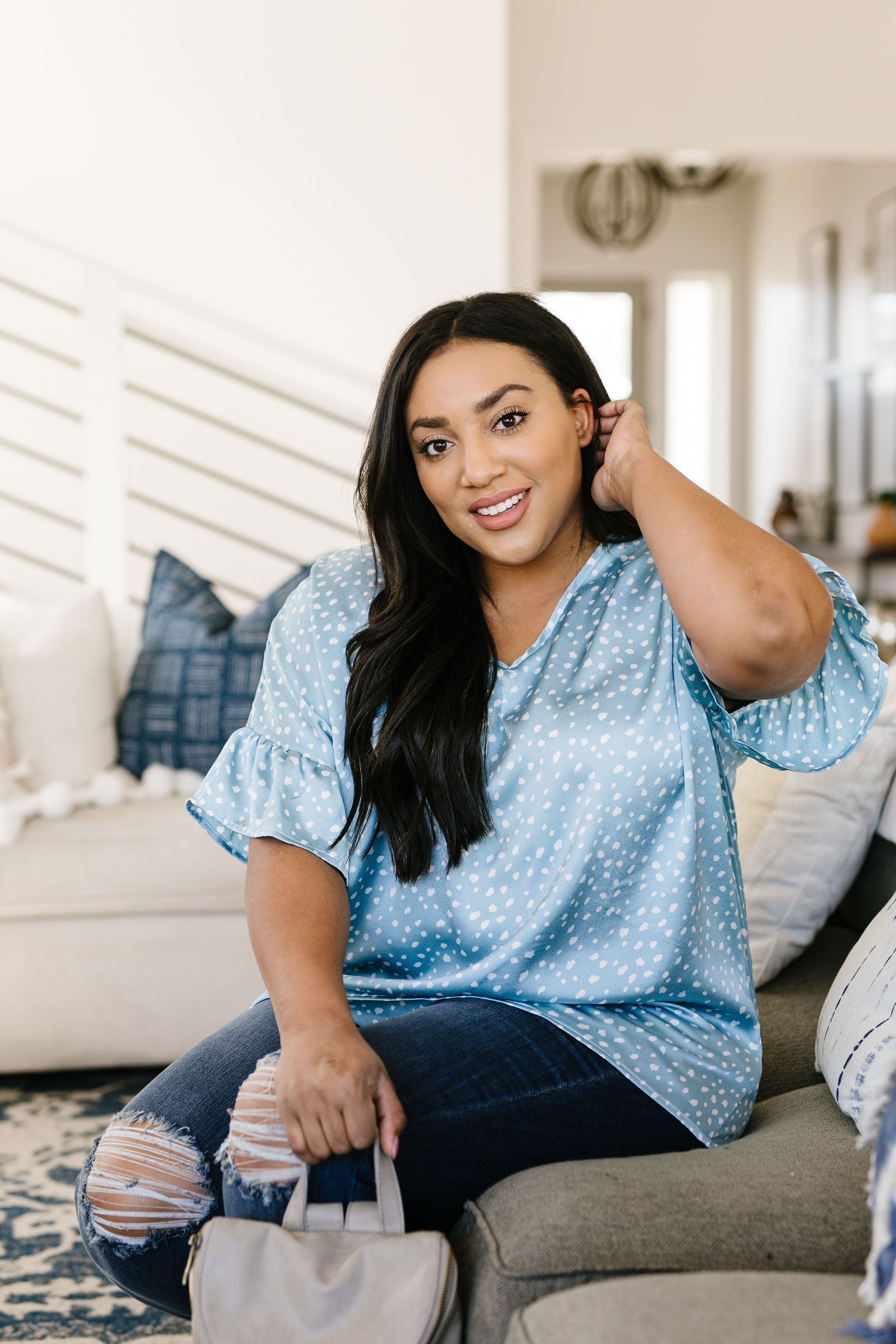 Silky Spots Ruffle Sleeve Blouse In Sky Blue