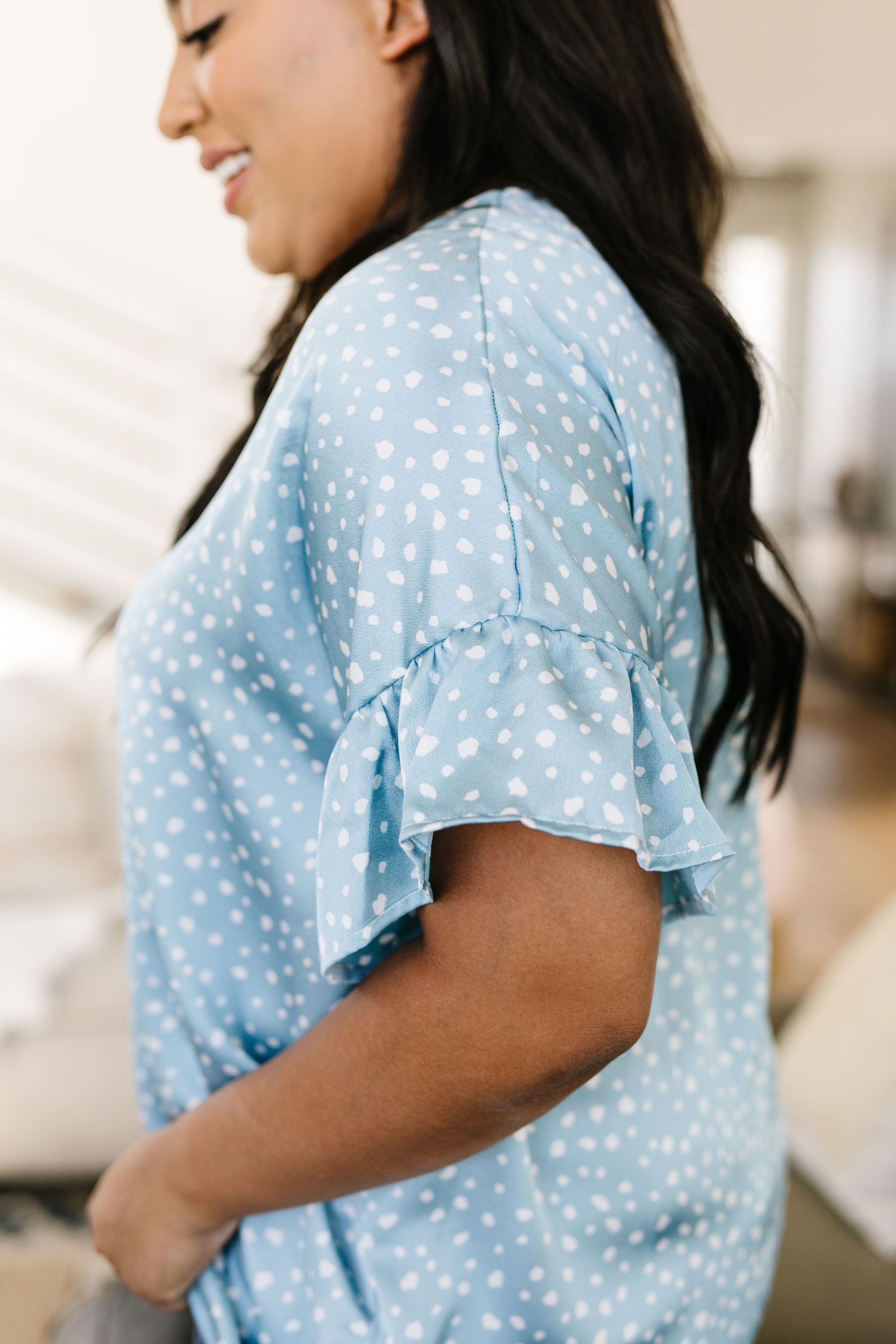 Silky Spots Ruffle Sleeve Blouse In Sky Blue