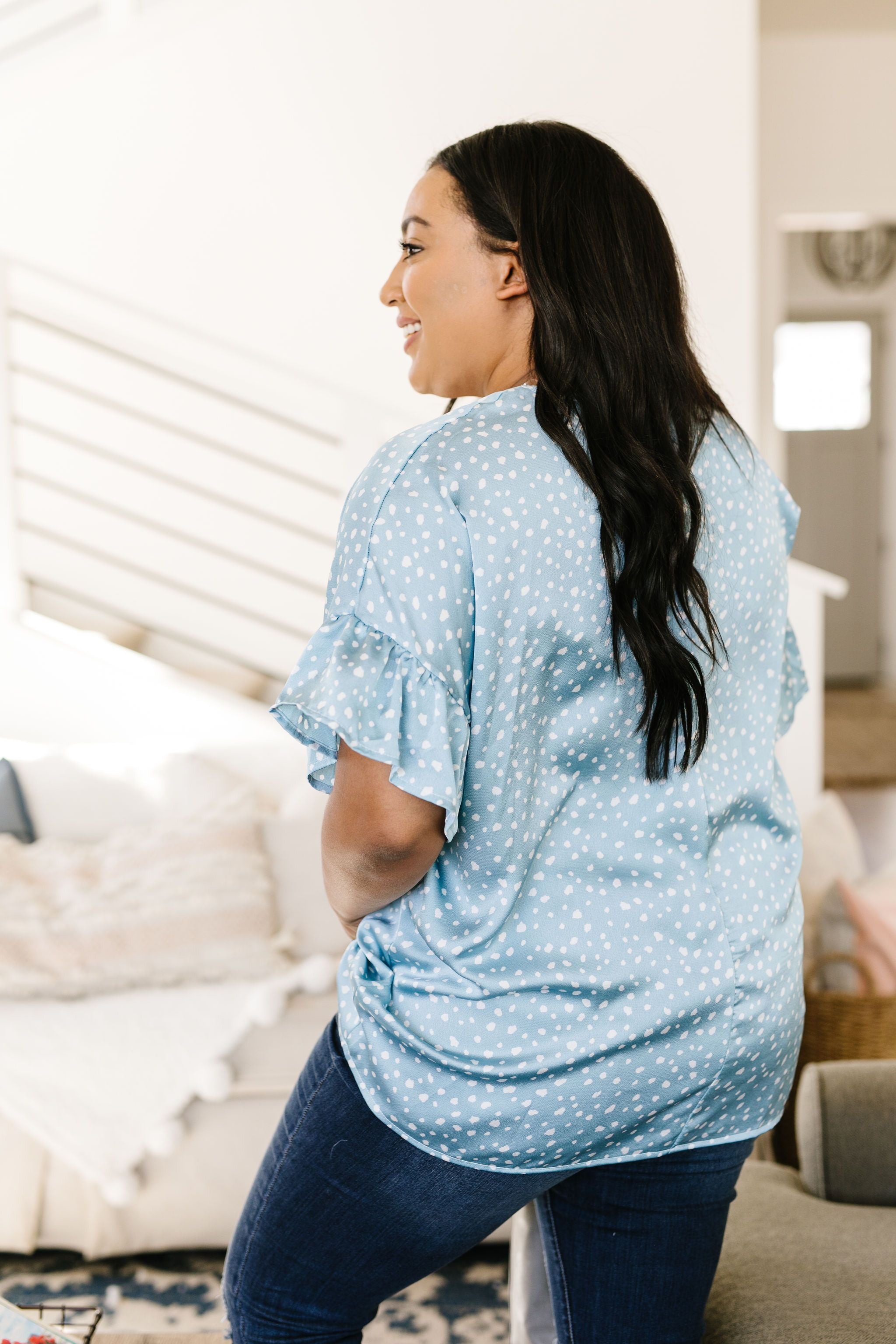 Silky Spots Ruffle Sleeve Blouse In Sky Blue