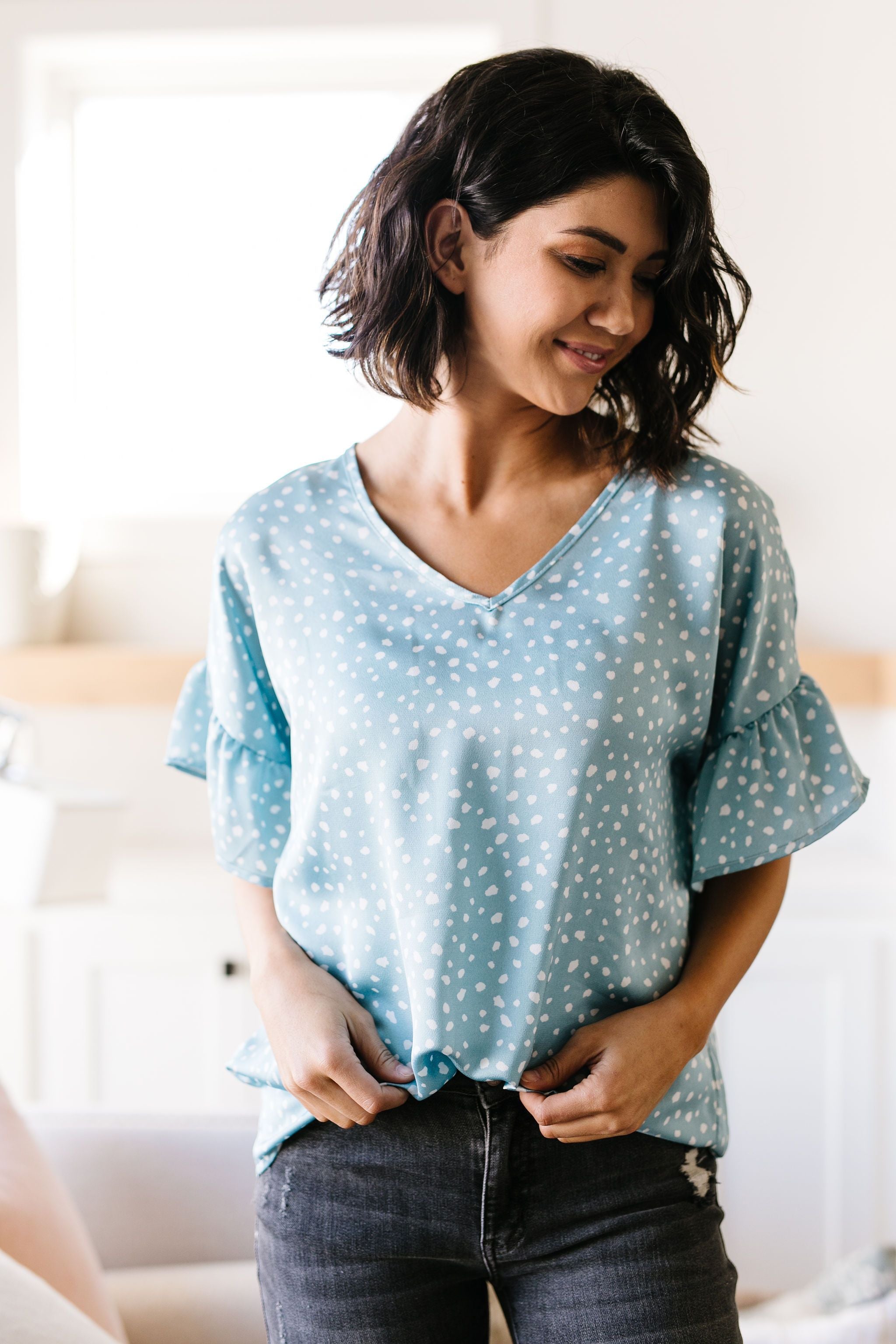 Silky Spots Ruffle Sleeve Blouse In Sky Blue