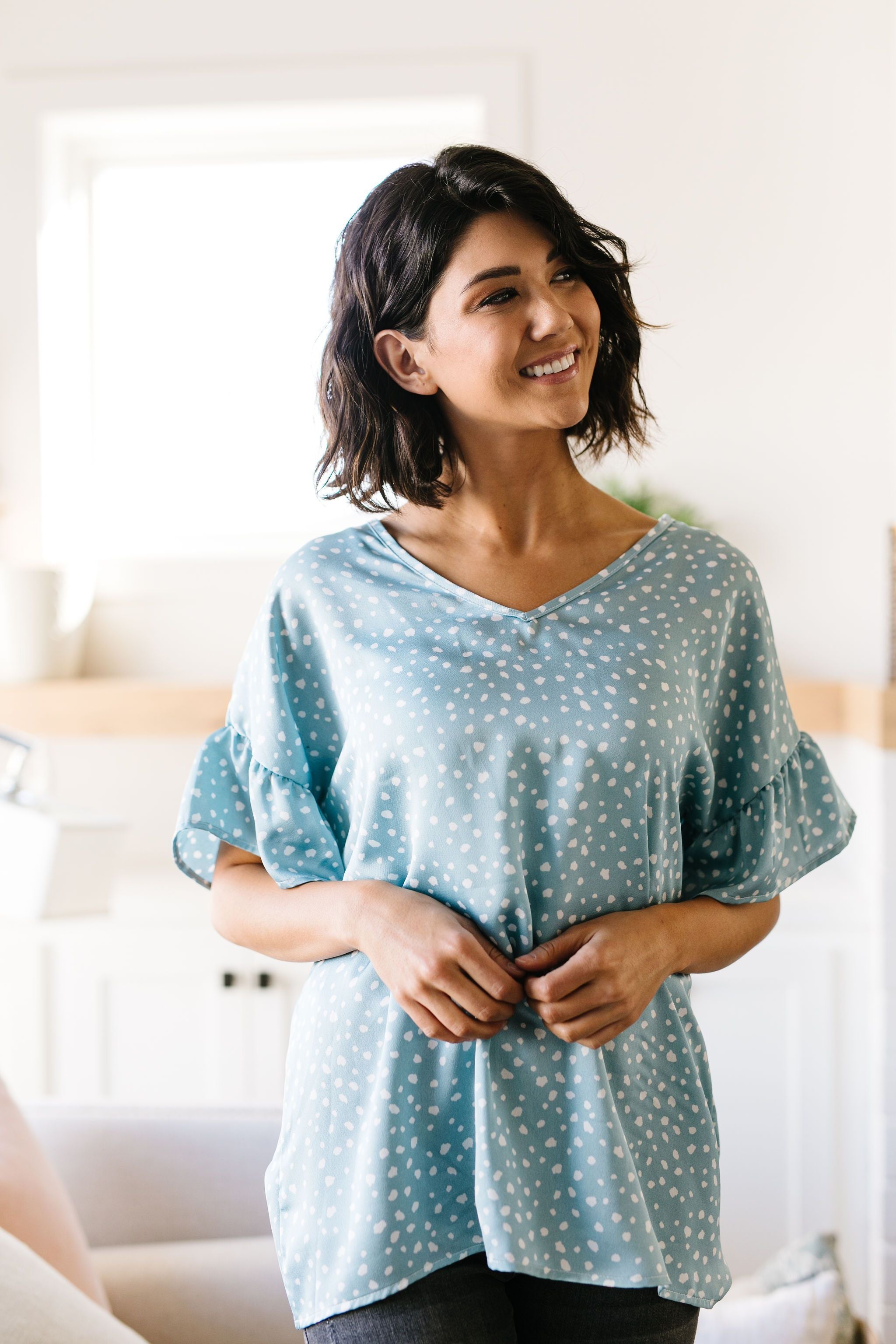 Silky Spots Ruffle Sleeve Blouse In Sky Blue