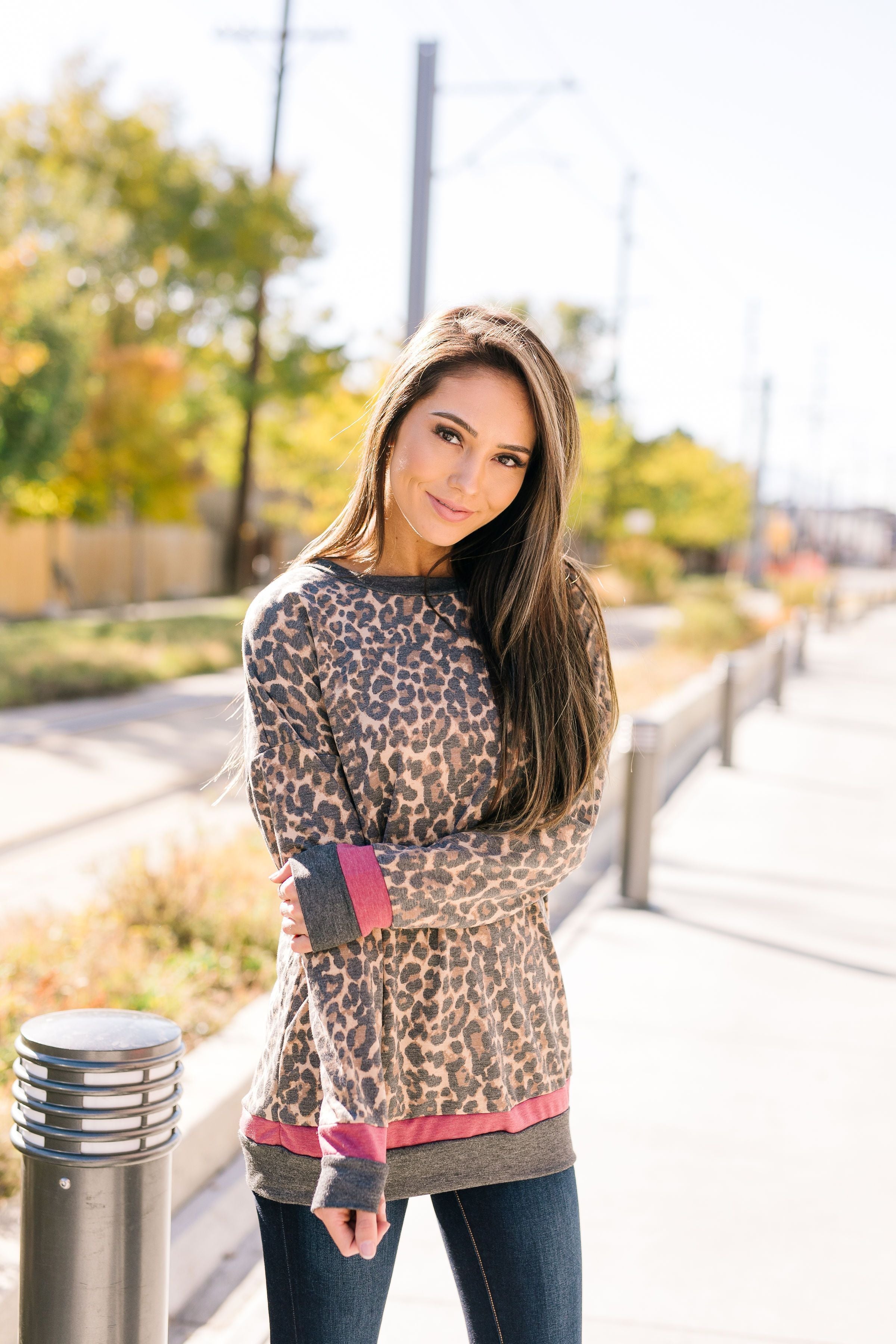 Sleep The Day Away Faded Leopard Top With Contrast Stripes - ALL SALES FINAL